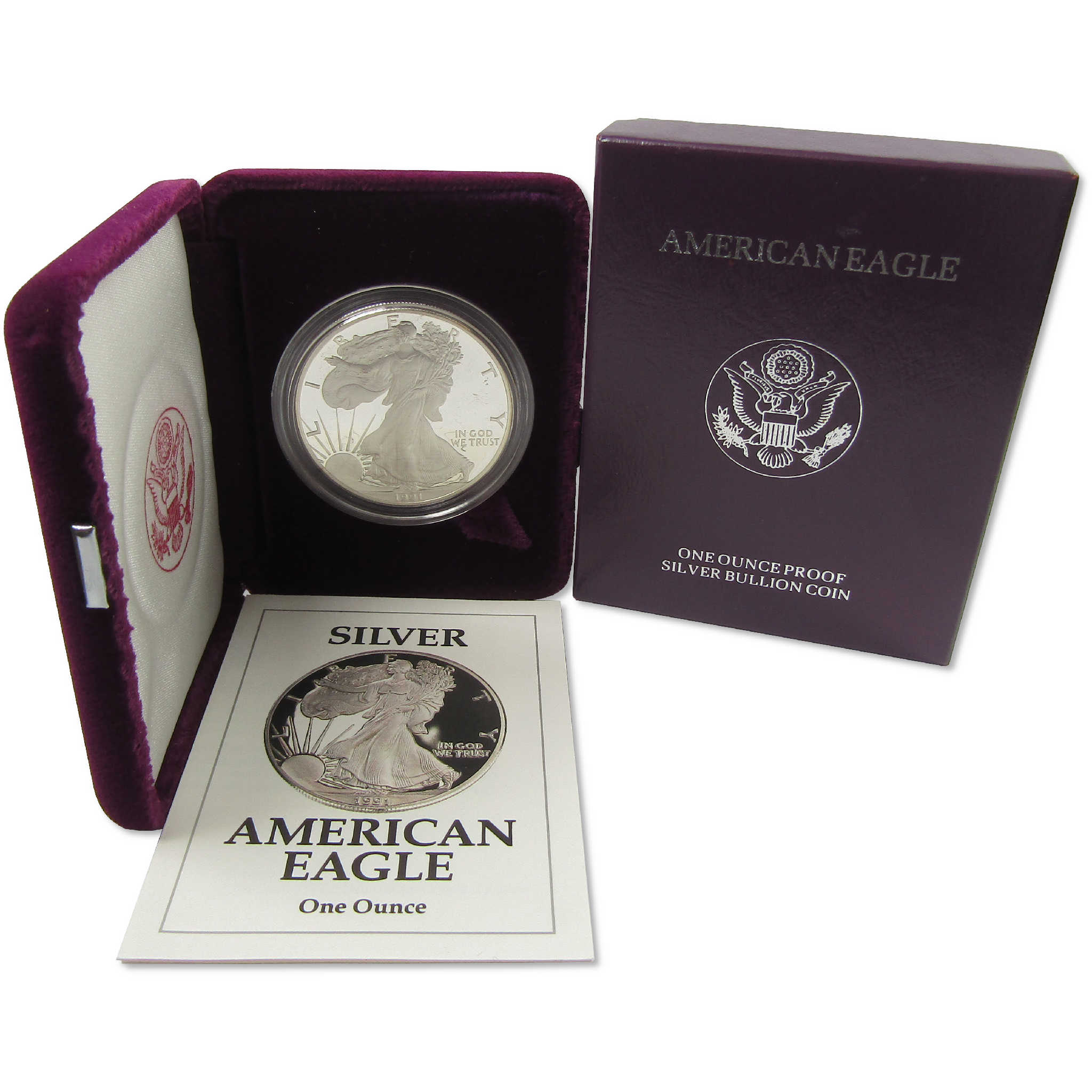 1991 S American Silver Eagle Choice Proof Bullion $1 Coin OGP COA