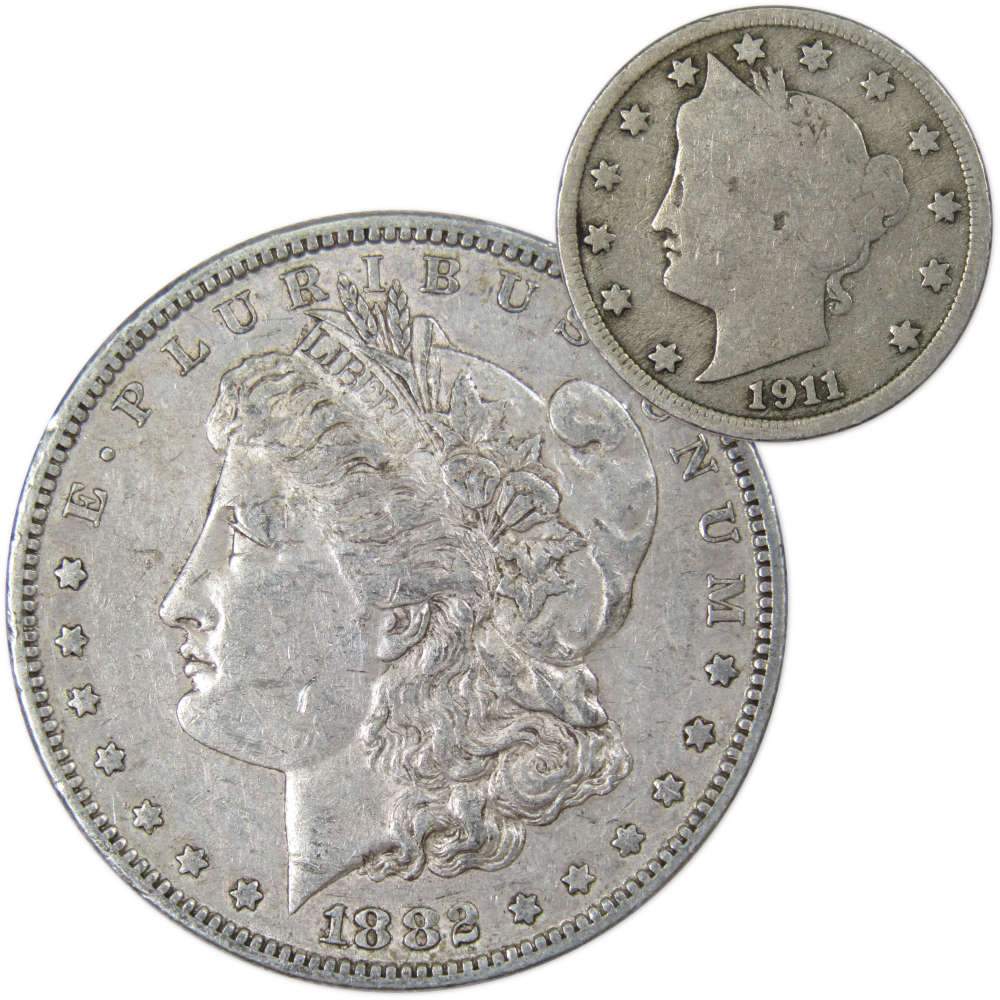 1882 S Morgan Silver Dollar VF Very Fine with 1911 Liberty Nickel Good - Morgan coin - Morgan silver dollar - Morgan silver dollar for sale - Profile Coins &amp; Collectibles