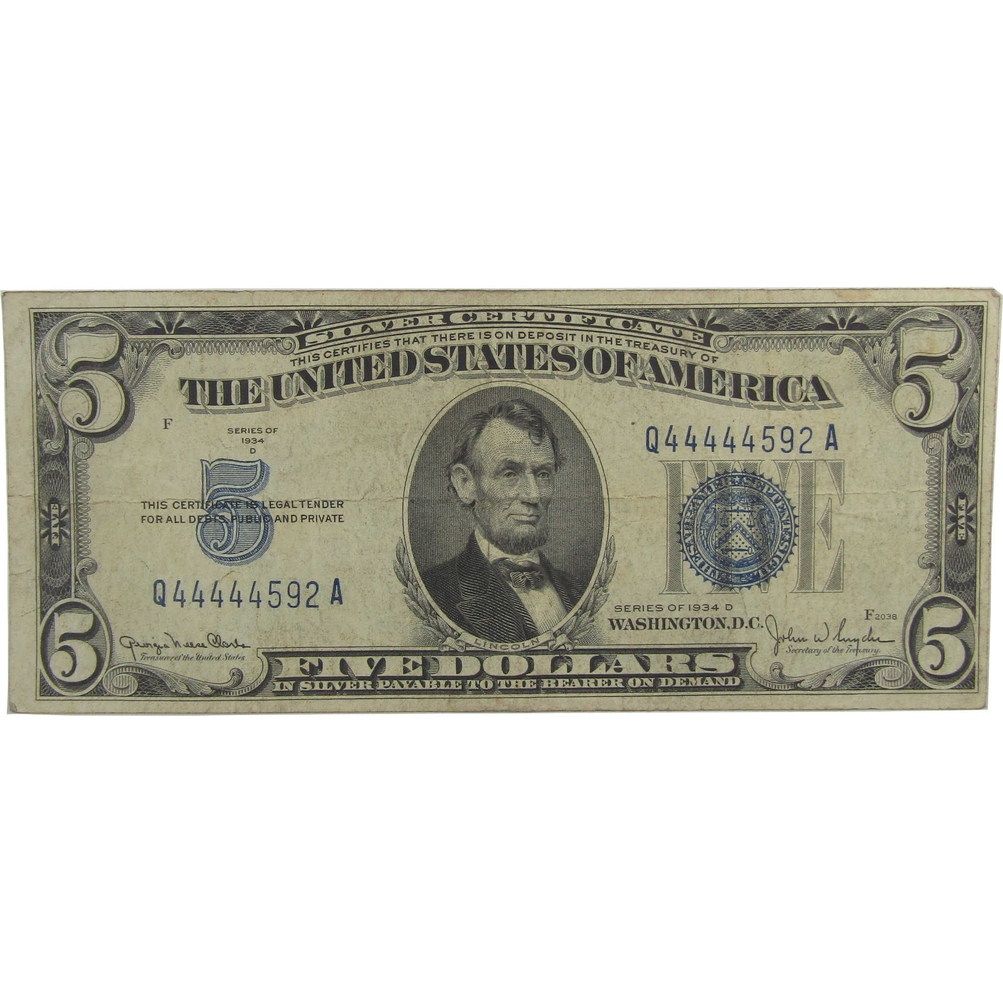 1934 D $5 Silver Certificate Fine Serial Contains Five Same Digit