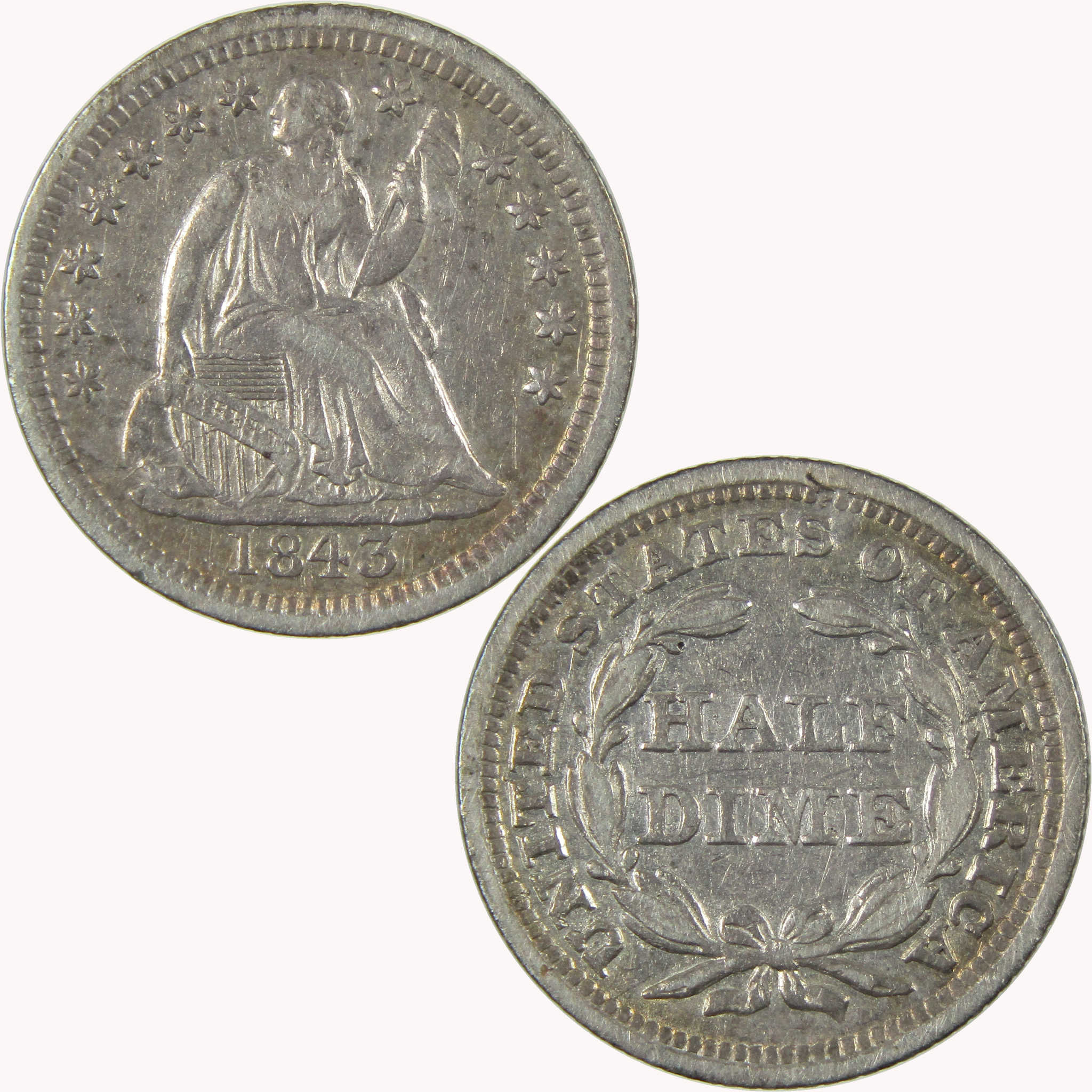 1843 Seated Liberty Silver Half Dime VF Very Fine 5c Coin Collectible