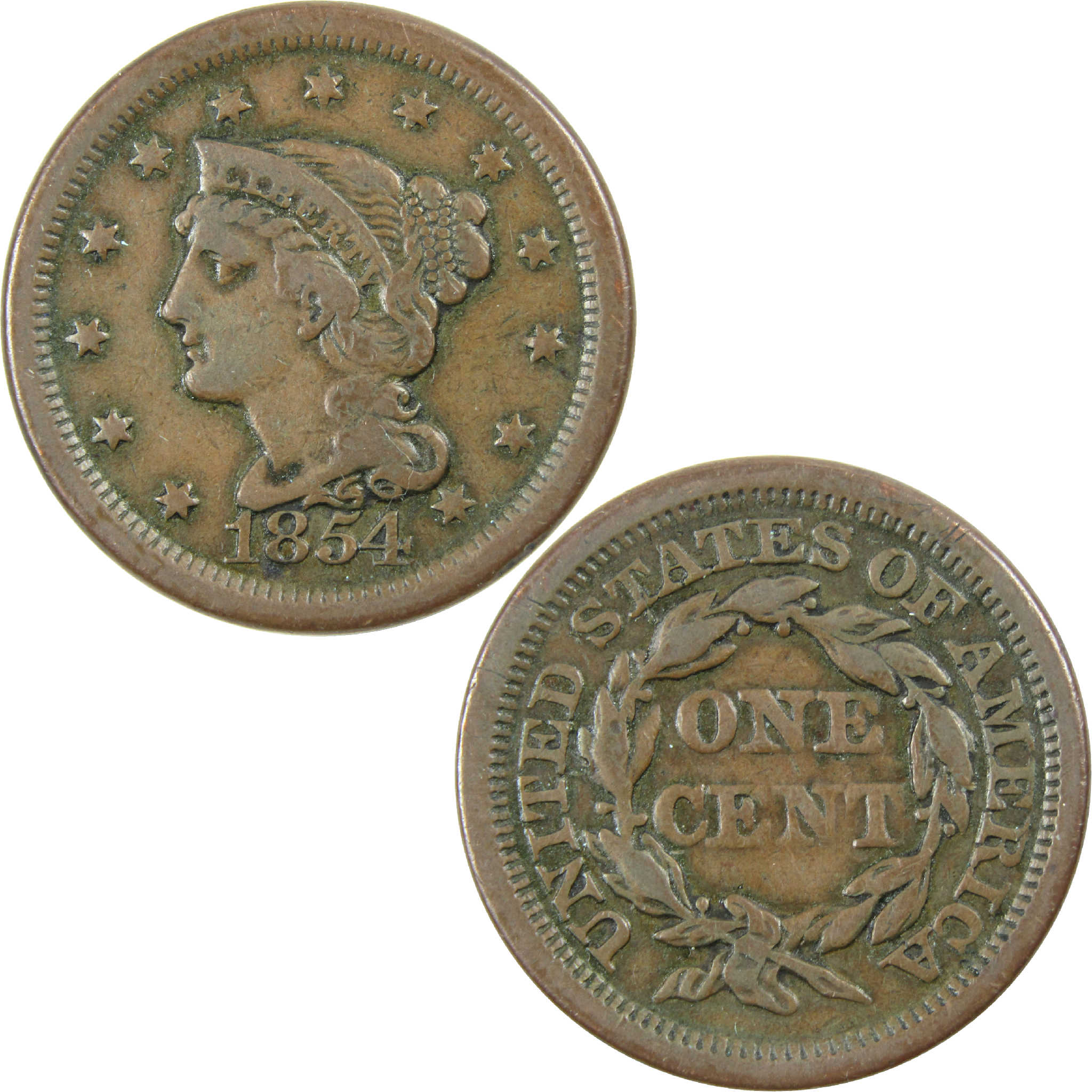 1854 Braided Hair Large Cent VF Very Fine Copper 1c SKU:I12153