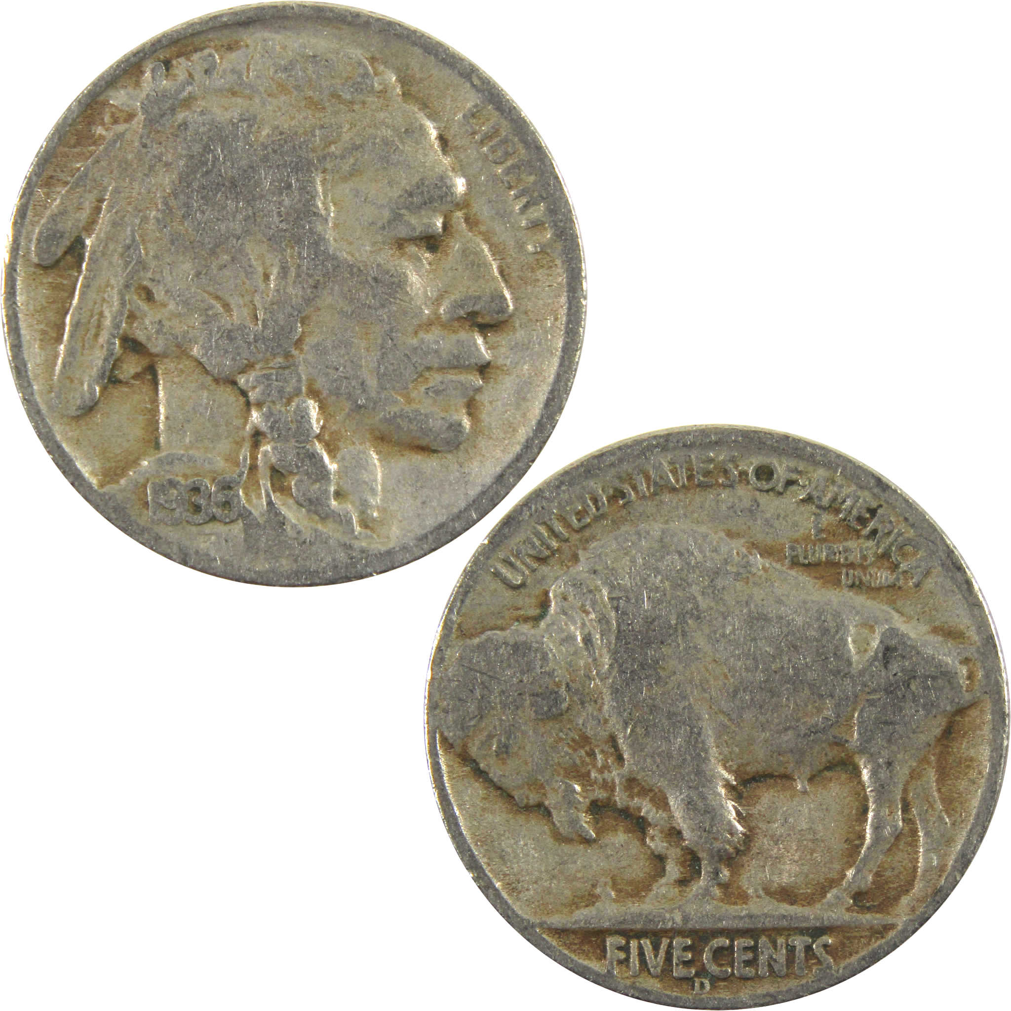 1936 D Indian Head Buffalo Nickel AG About Good 5c Coin