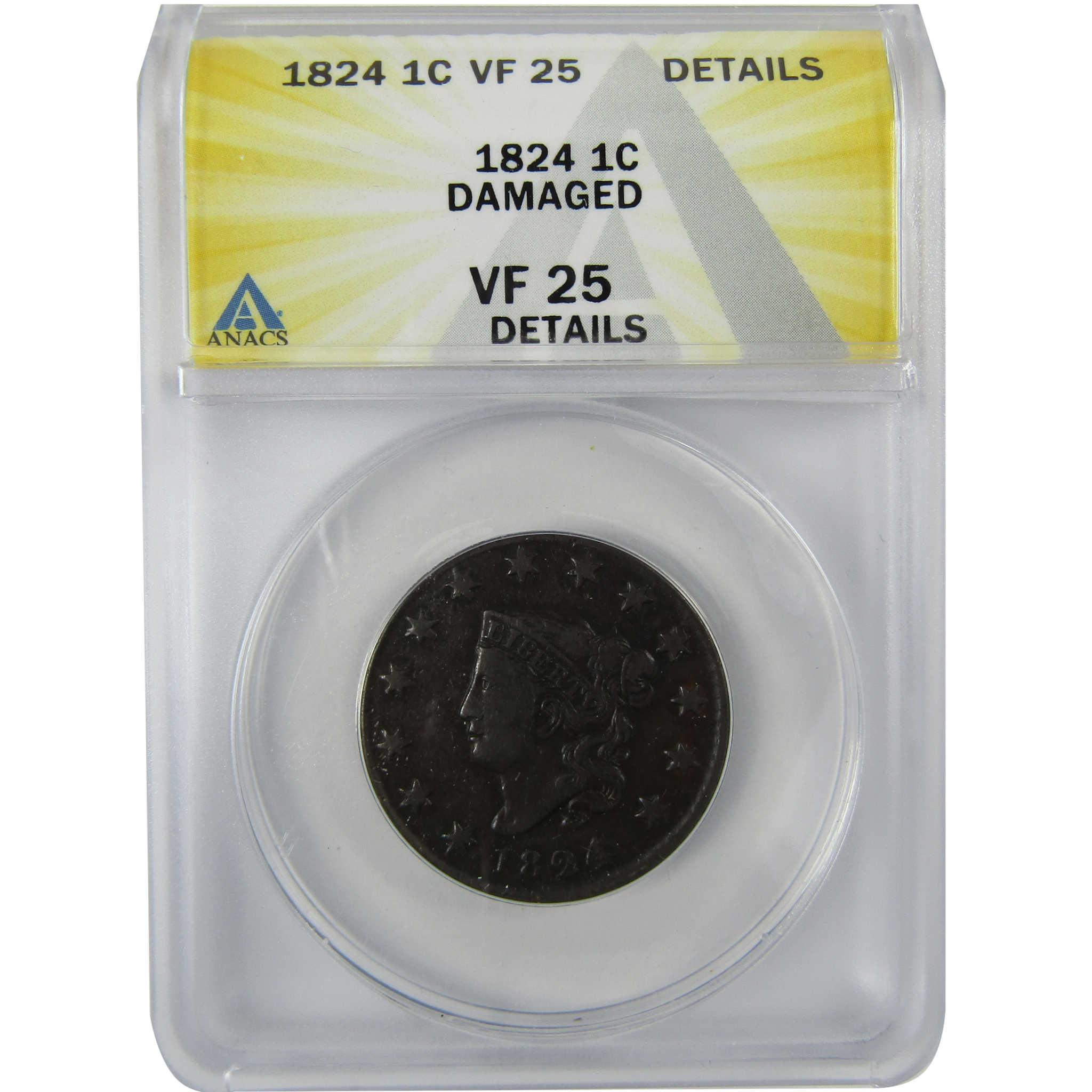 1824 Coronet Head Copper Large Cent VF 25 Details ANACS PennySKU:CP624