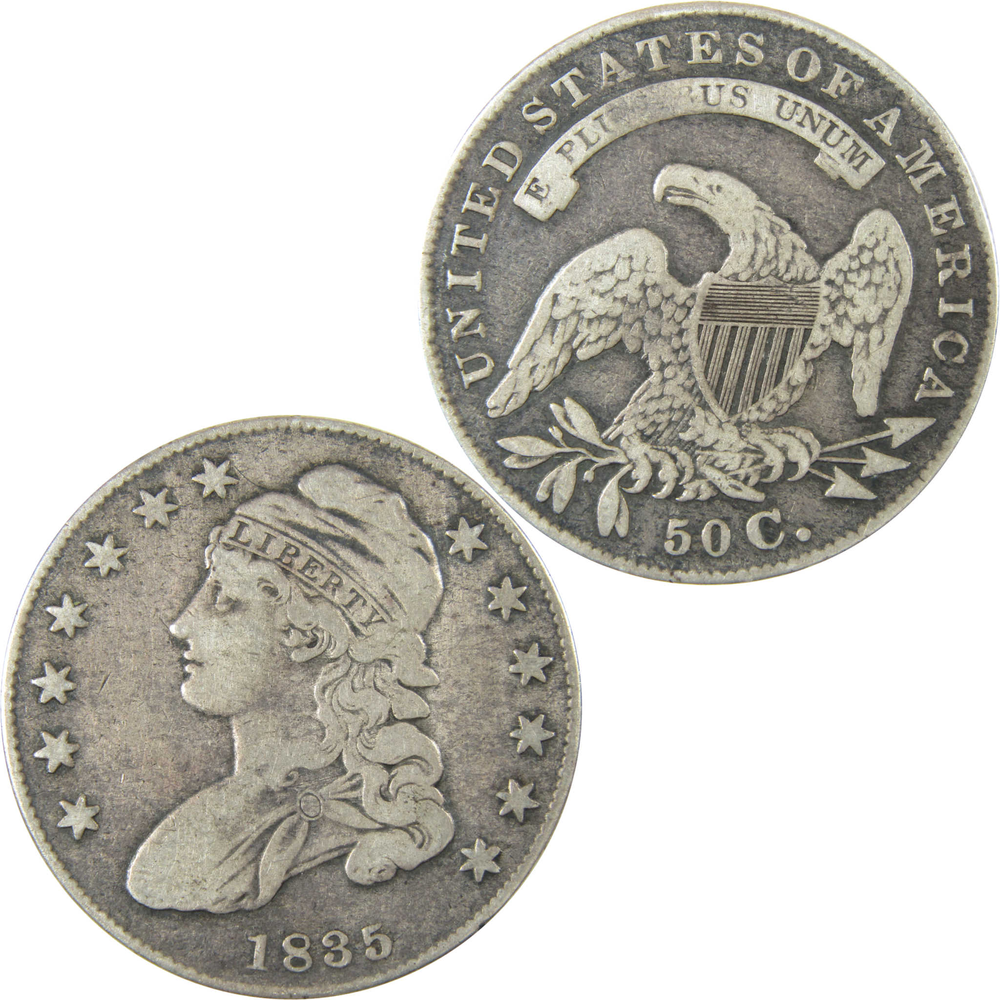 1835 Capped Bust Silver Half Dollar F Fine Details SKU:CP1499