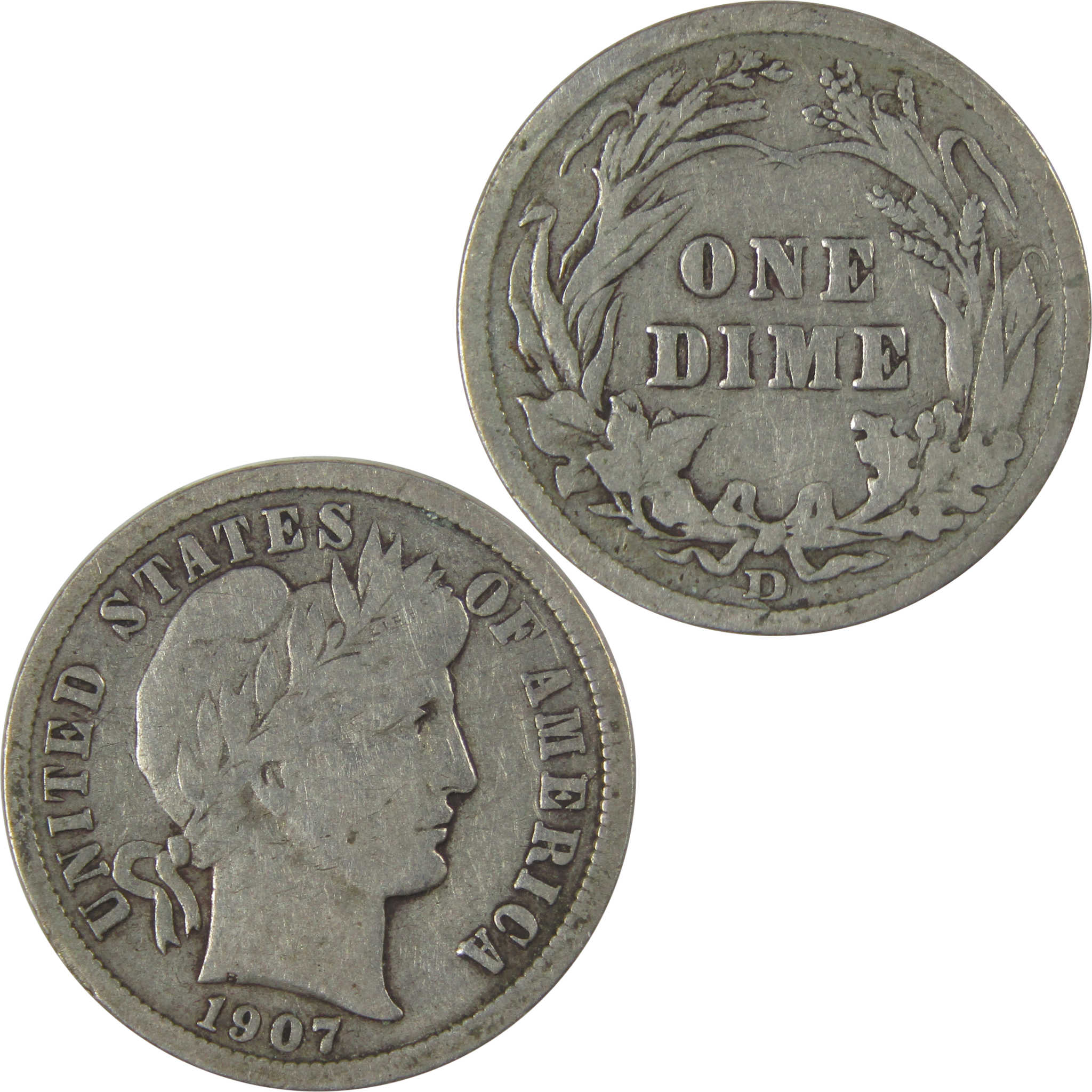 1907 D Barber Dime F Fine Silver 10c Coin SKU:I22753
