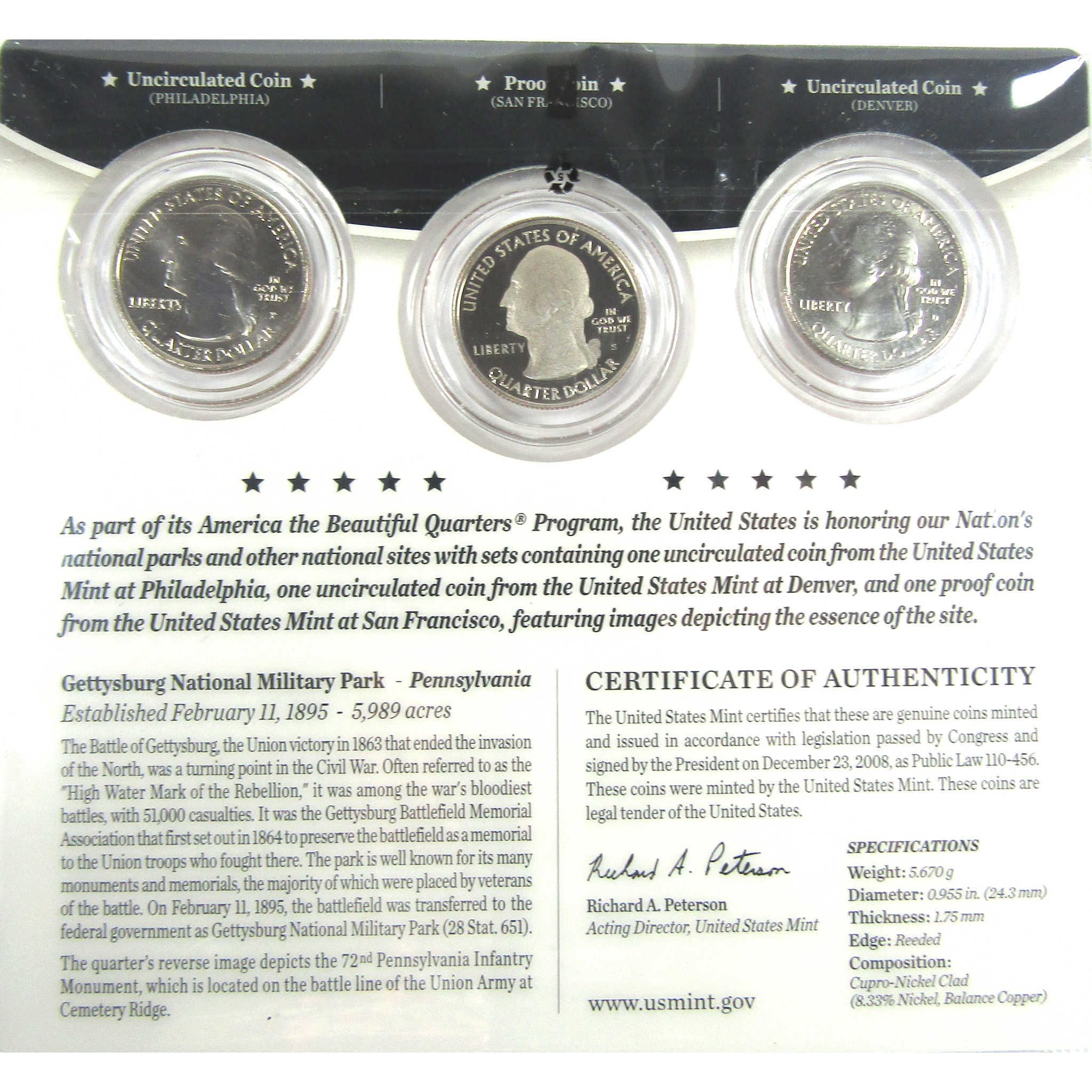 2011 P D S Gettysburg NMP National Park 25c 3 Piece Set SKU:CPC9005