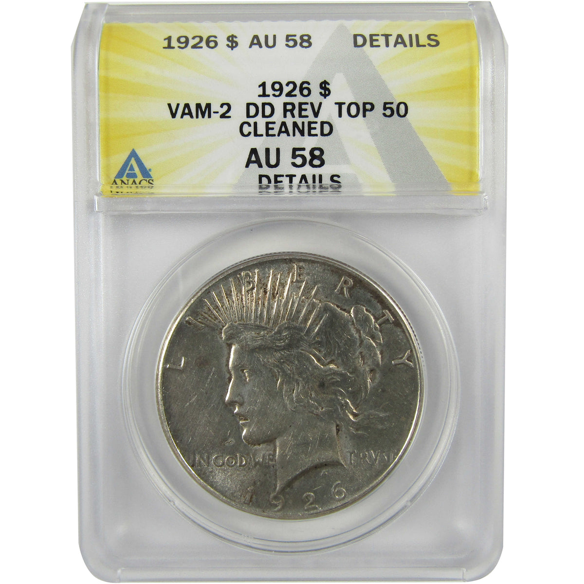 1926 VAM-2 Dbl Rev Peace Silver $1 AU 58 Details ANACS SKU:I28588