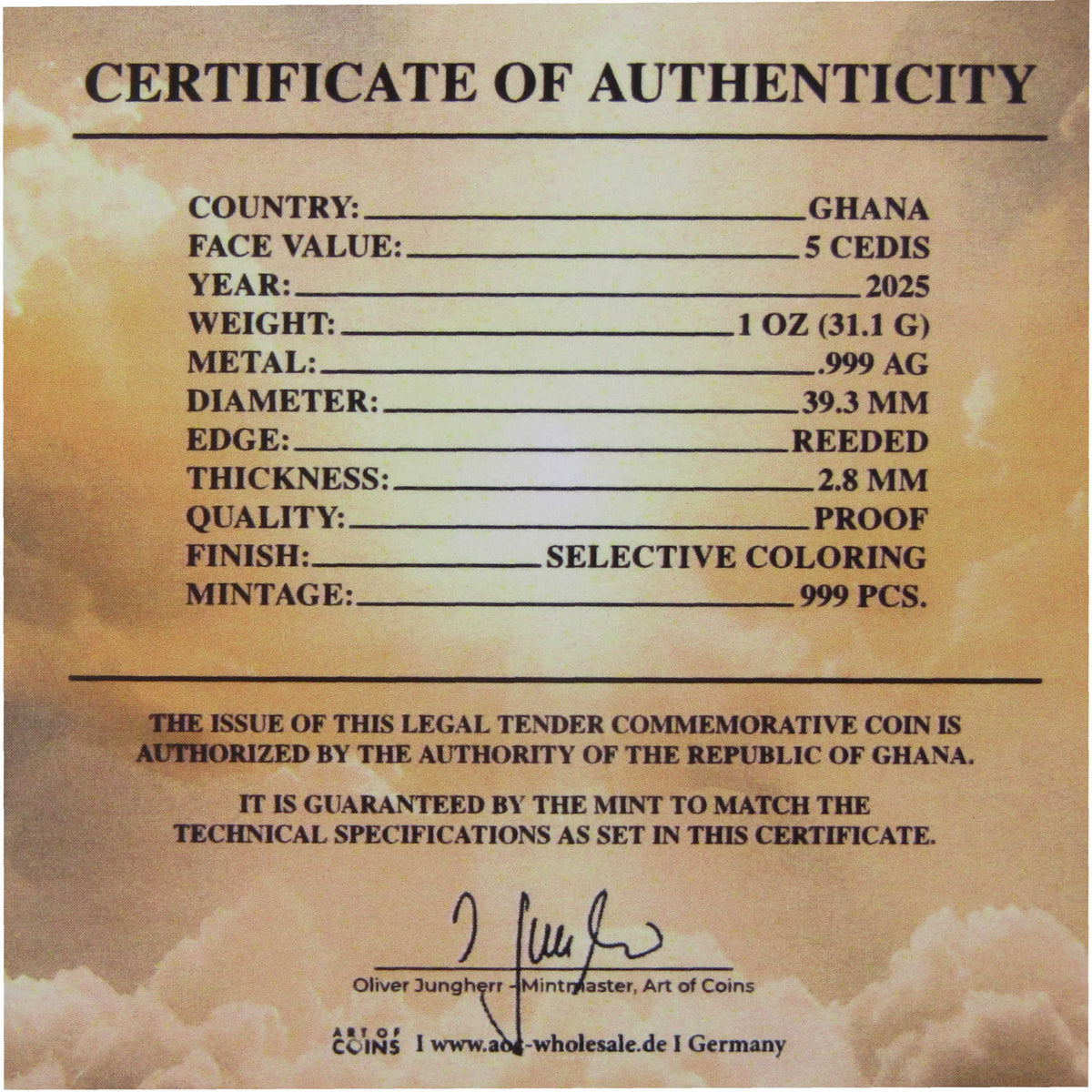 2025 Ghana 1 oz Silver Saint Mary the Virgin 5 Cedis Proof Coin COA