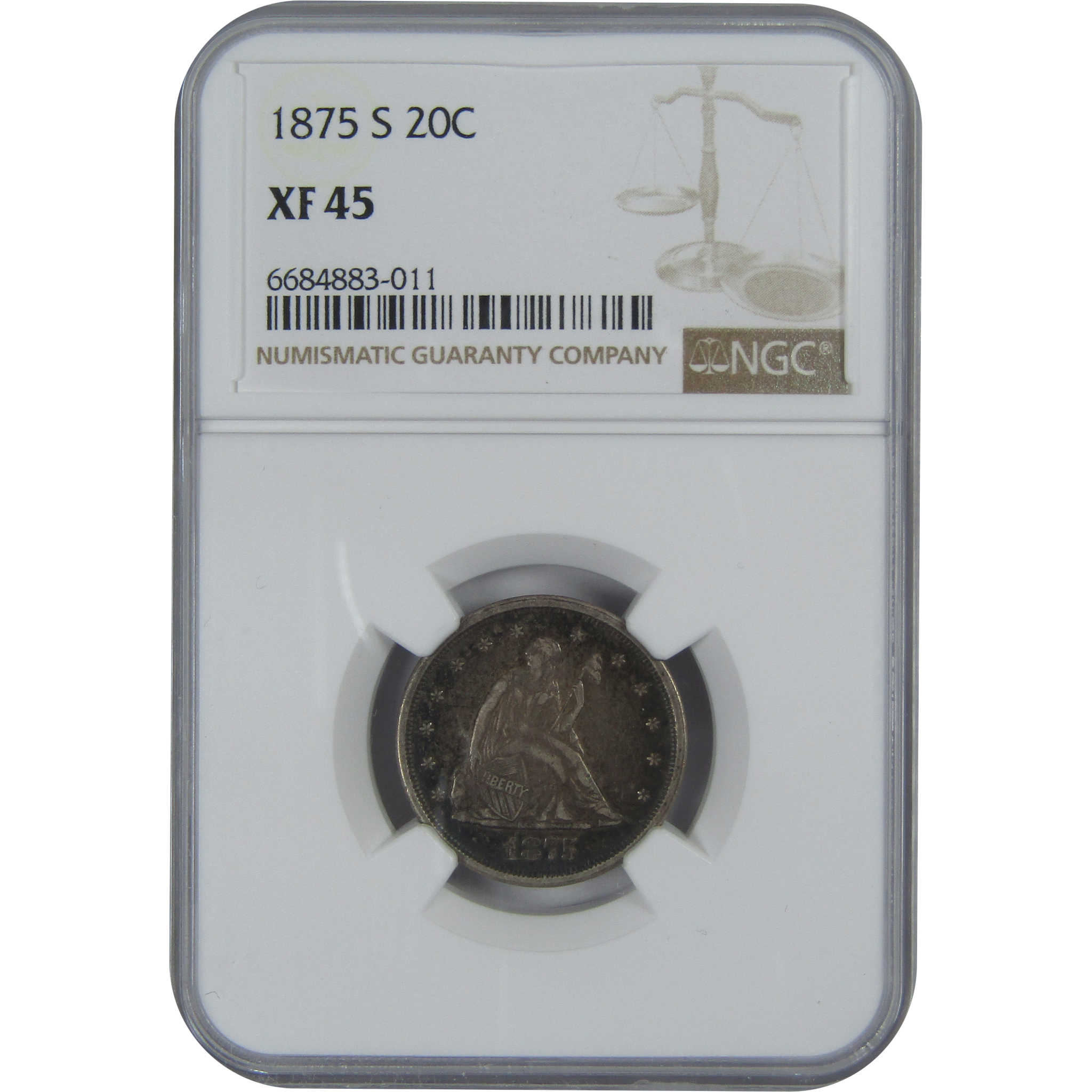 1875 S Seated Liberty Twenty Cent Piece XF 45 NGC Silver 20c Rare Coin