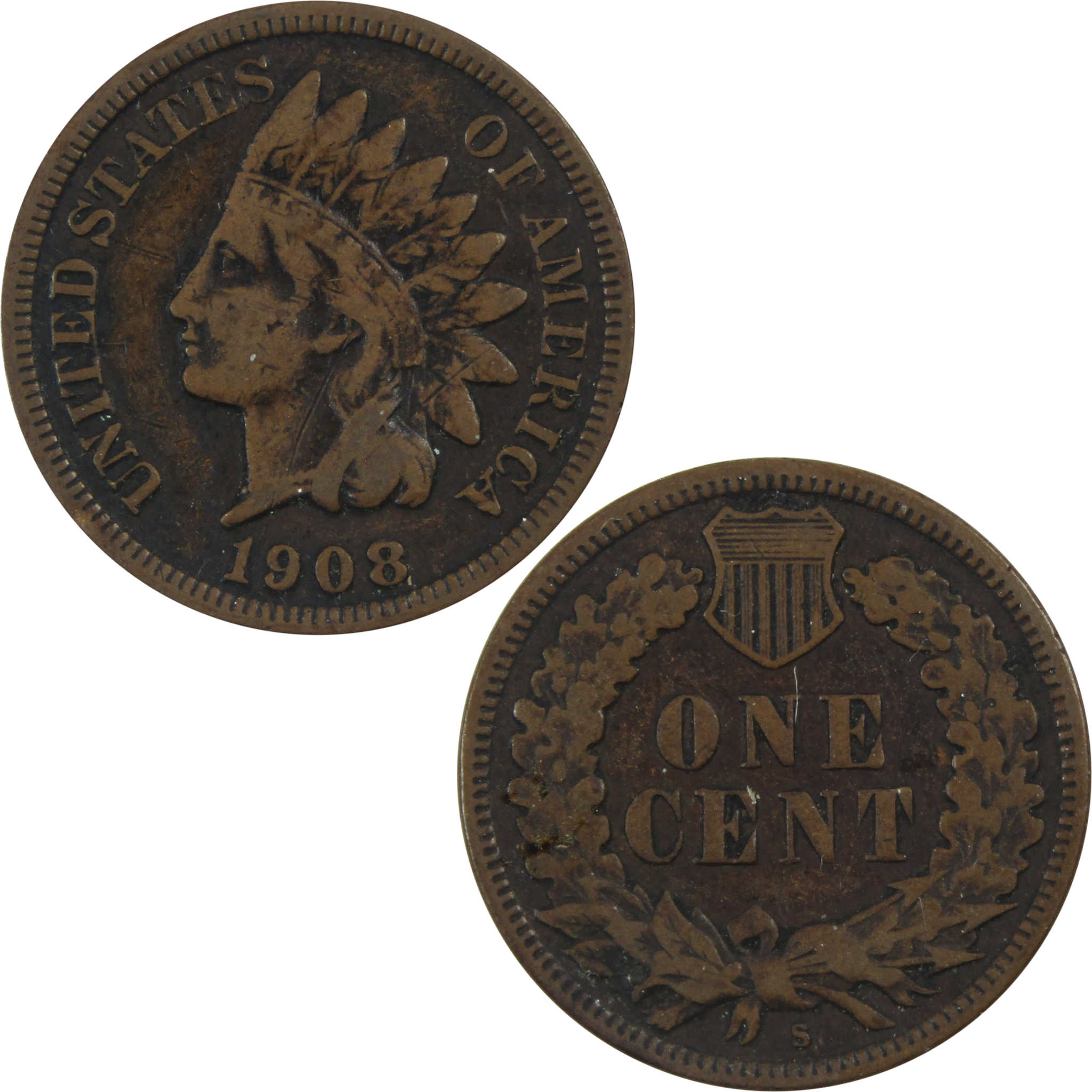 1908 S Indian Head Cent F Fine Penny 1c Coin SKU:I13464