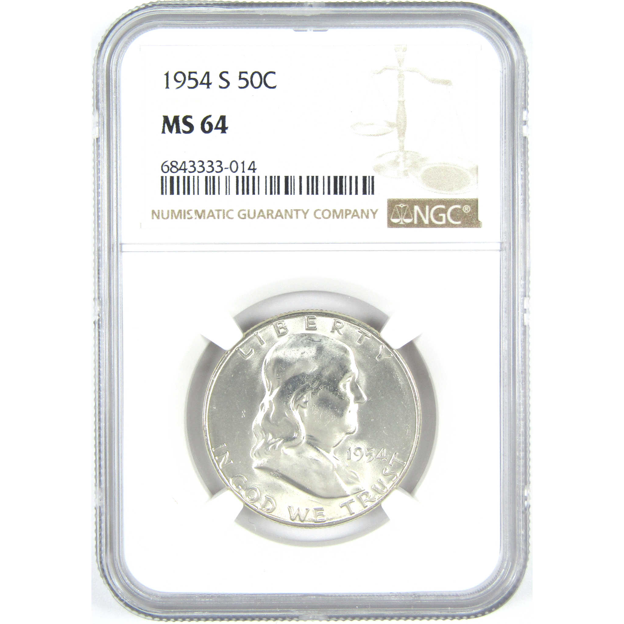 1954 S Franklin Half Dollar MS 64 NGC Silver 50c Unc Coin SKU:I15224