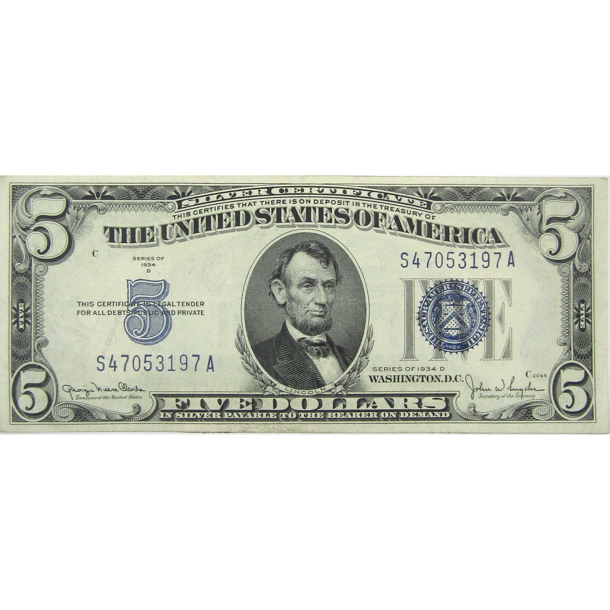 1934 D $5 Small Size Silver Certificate CU Crisp Uncirculated Currency