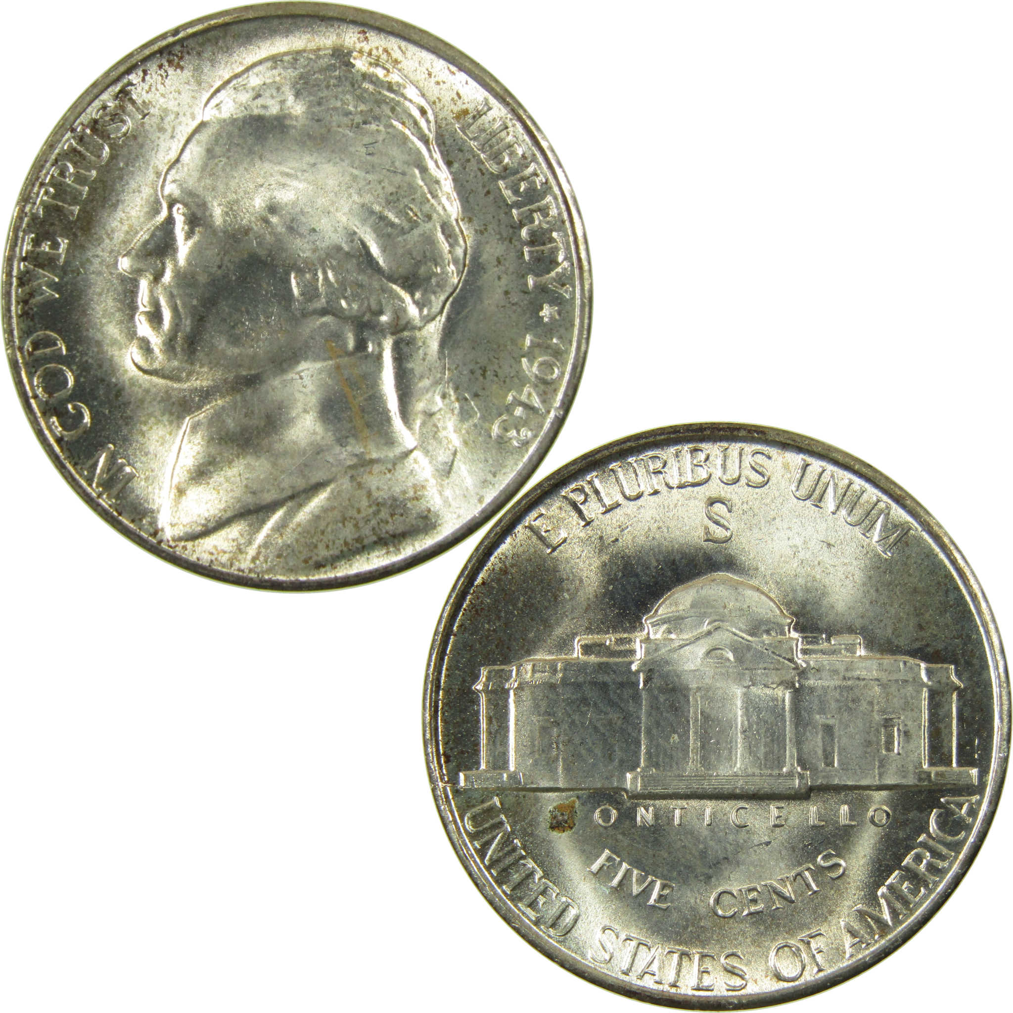 1943 S Jefferson Wartime Silver Nickel Uncirculated 5c Coin SKU:I28321