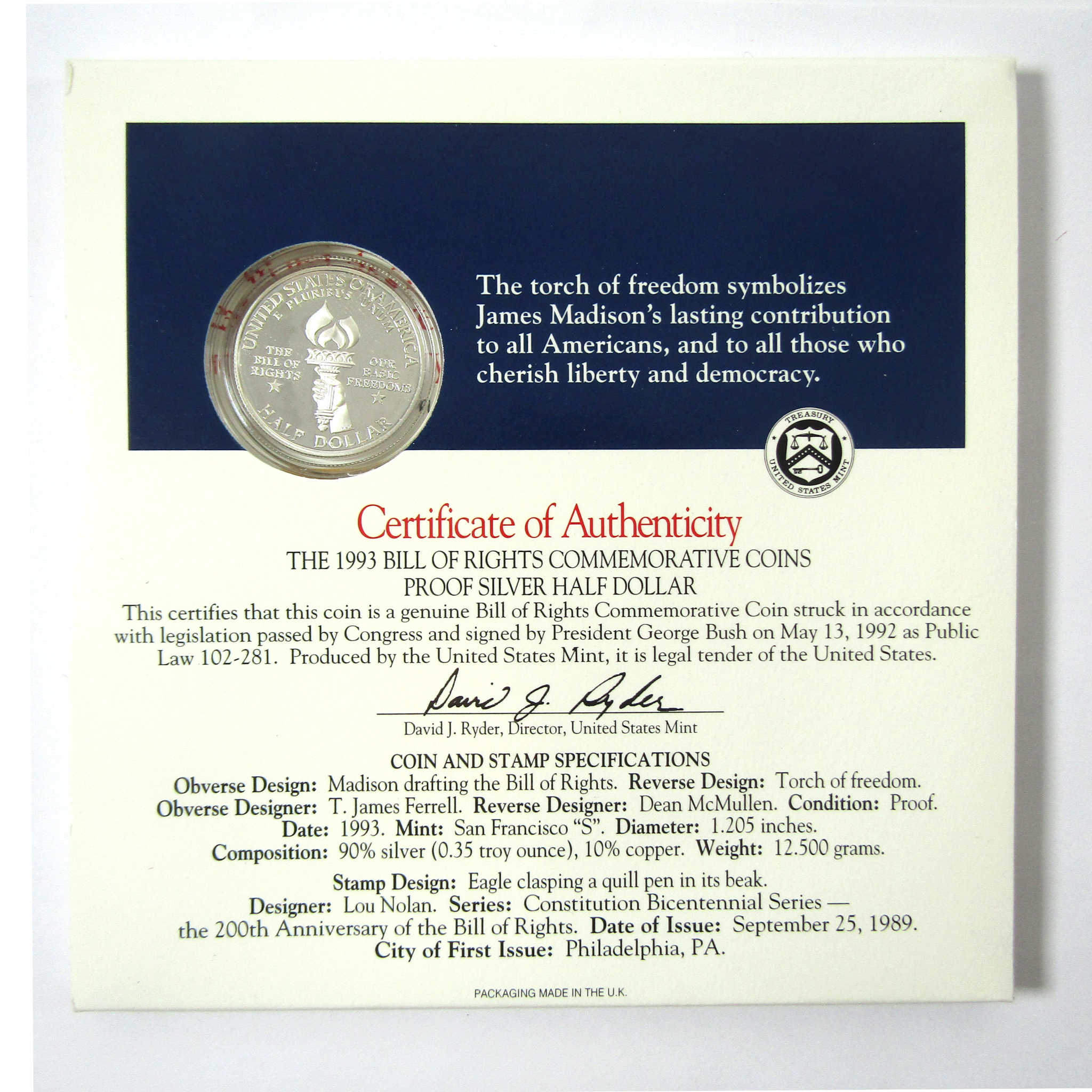 Bill of Rights Commemorative Coin and Stamp Set OGP COA SKU:CPC4837