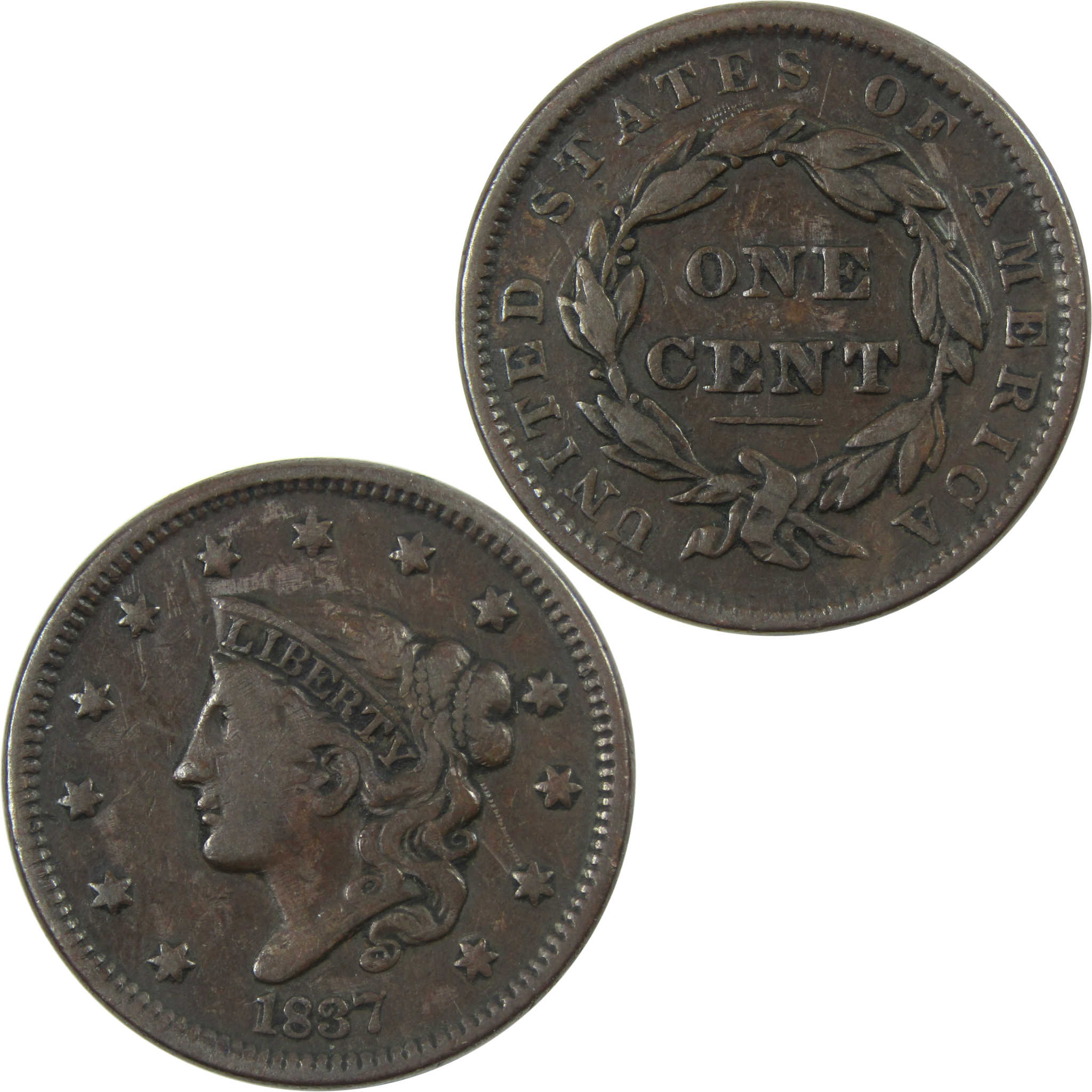 1837 Head of 1838 Beaded Cord Coronet Head Large Cent VF SKU:I13983