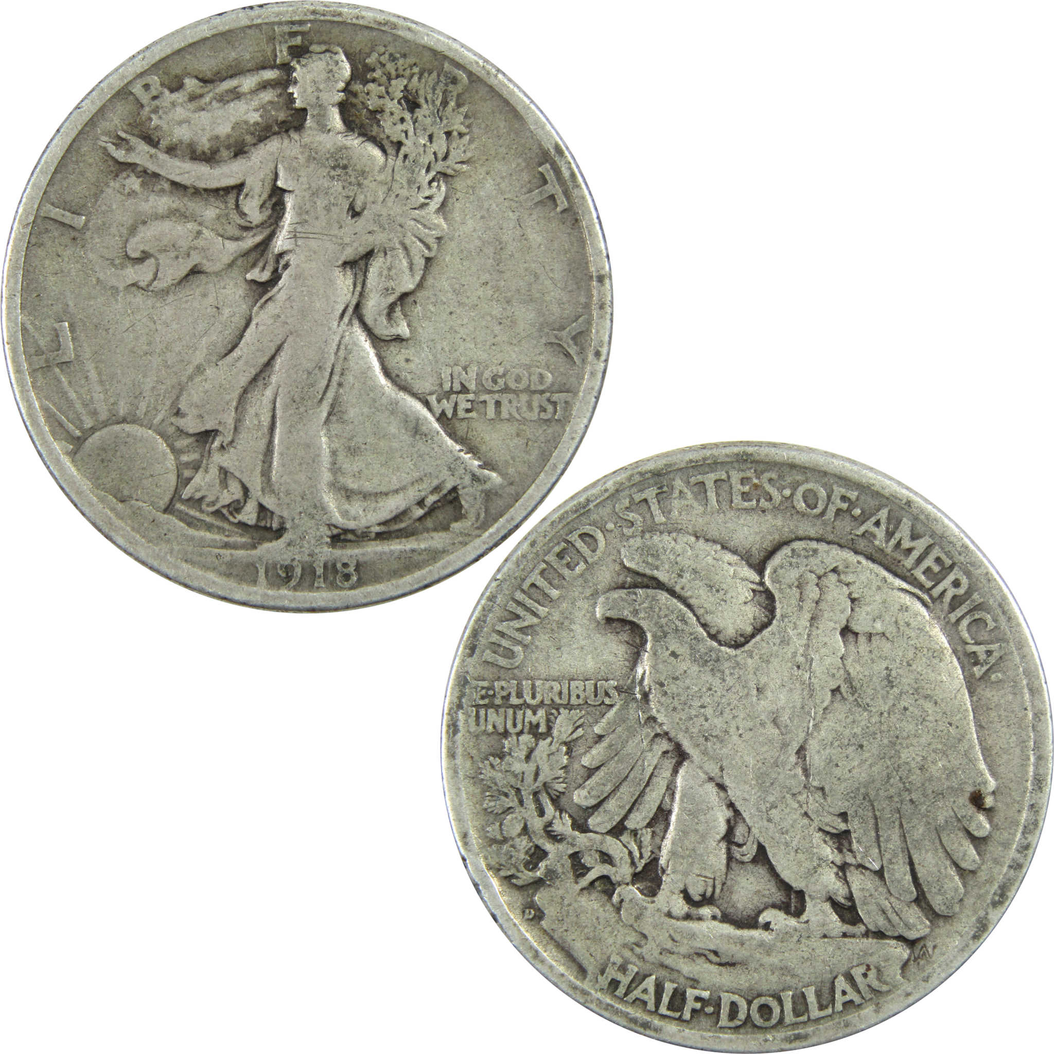 1918 D Liberty Walking Half Dollar VG Silver 50c Coin SKU:I13493