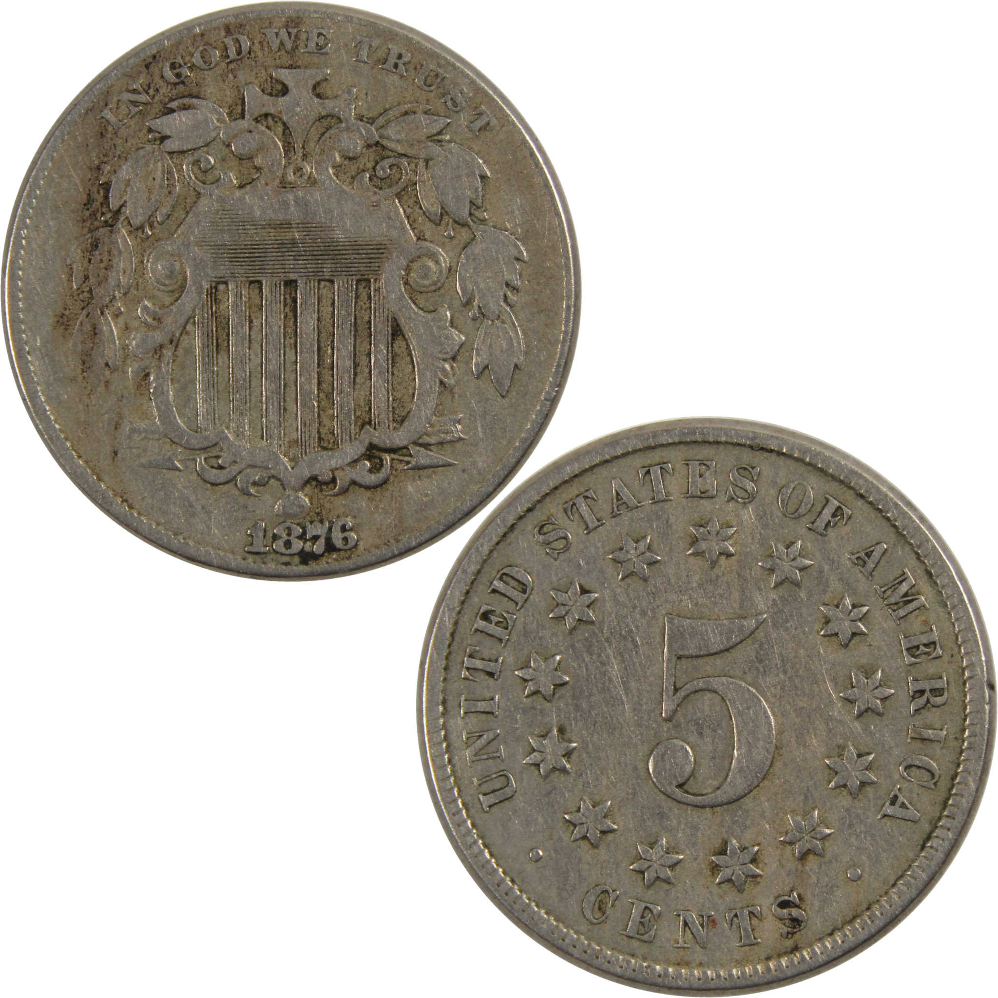 1876 Shield Nickel F Fine 5c Coin SKU:I8103