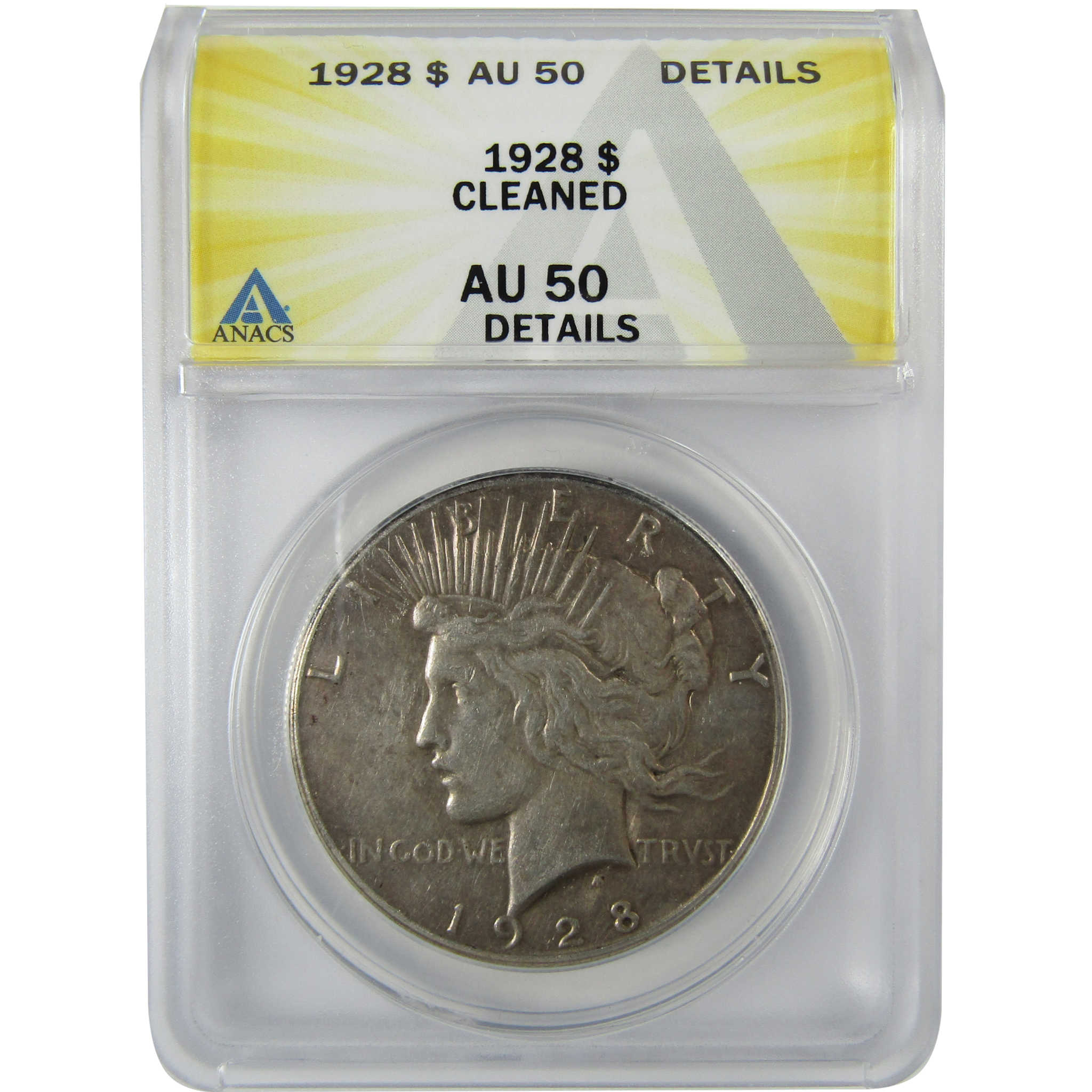 1928 Peace Silver Dollar AU 50 Details ANACS $1 Coin SKU:CP822