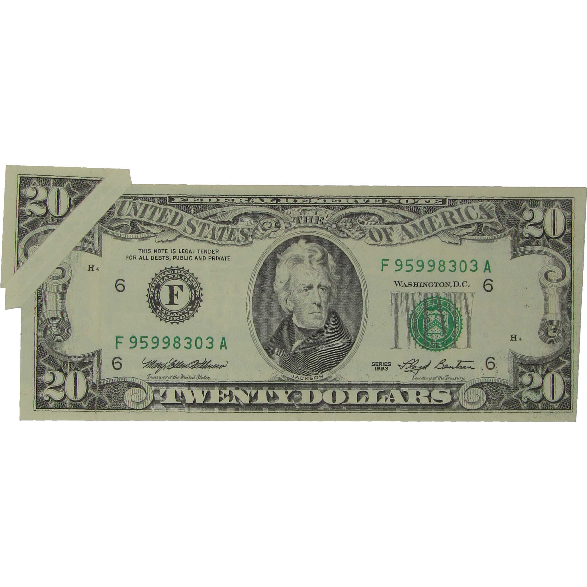 1993 $20 FR Note AU 55 EPQ PMG Butterfly Fold Misalignment Error