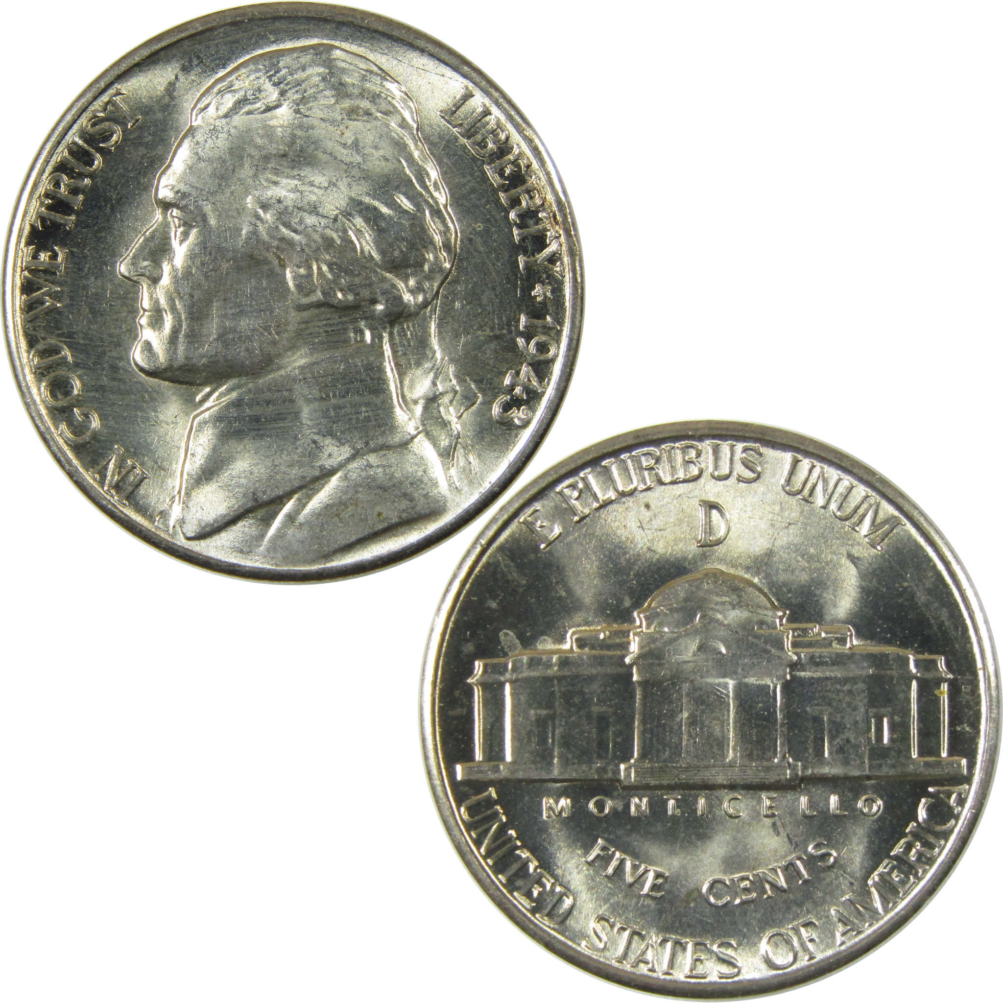 1943 D Jefferson Wartime Silver Nickel Uncirculated Mint State 5c Coin