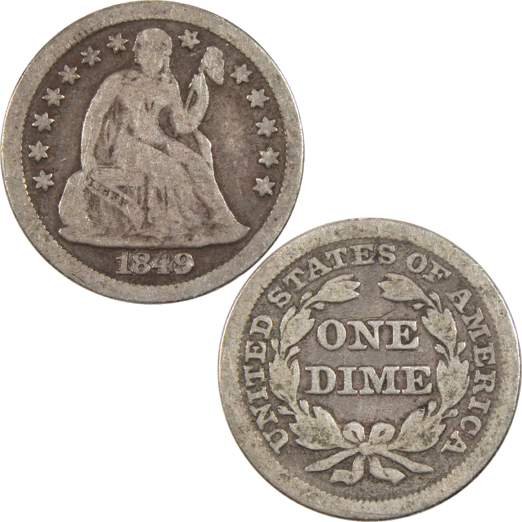 1849 Seated Liberty Dime F Fine Silver 10c Coin SKU:I11391