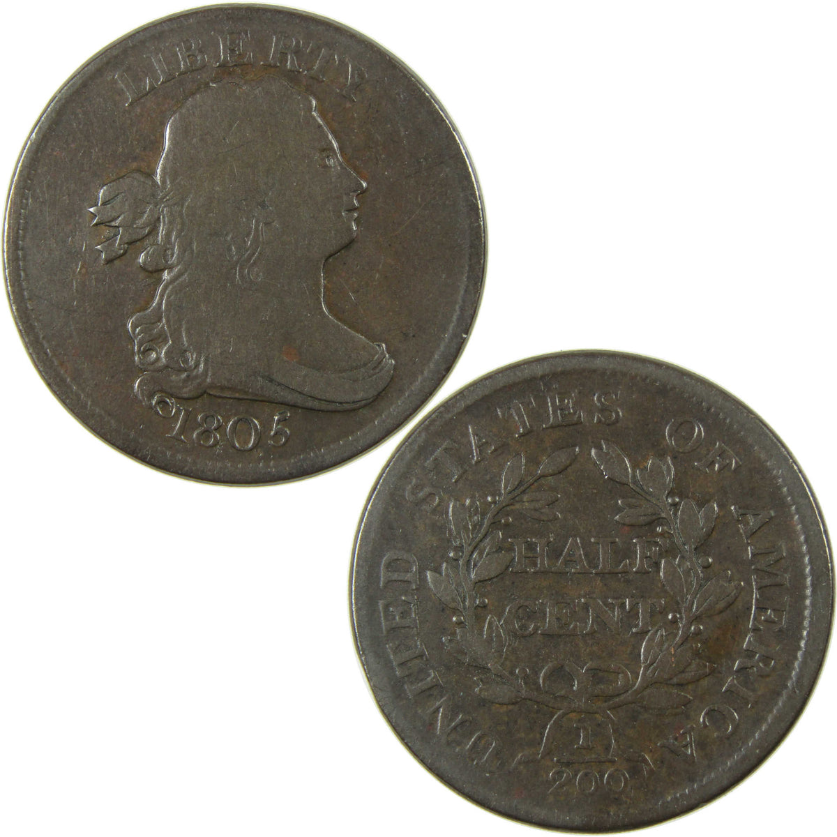1805 Medium 5 No Stems Draped Bust Copper Half Cent VG Very Good Coin