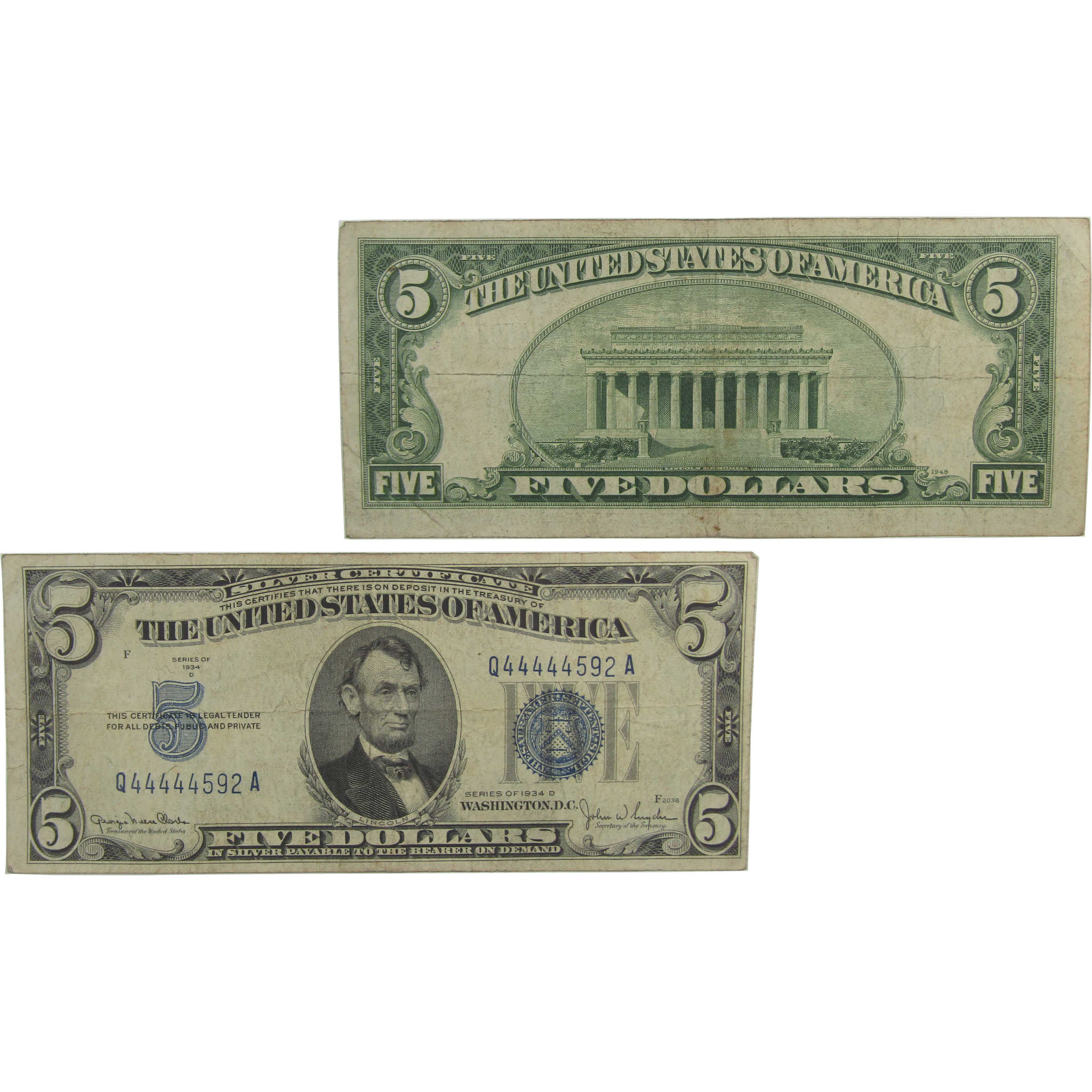 1934 D $5 Silver Certificate Fine Serial Contains Five Same Digit