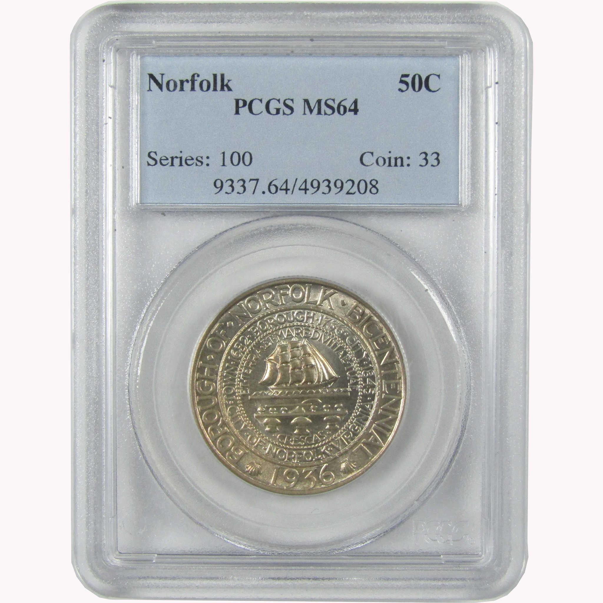 1936 Norfolk Virginia Commemorative Silver Half Dollar MS 64 PCGS