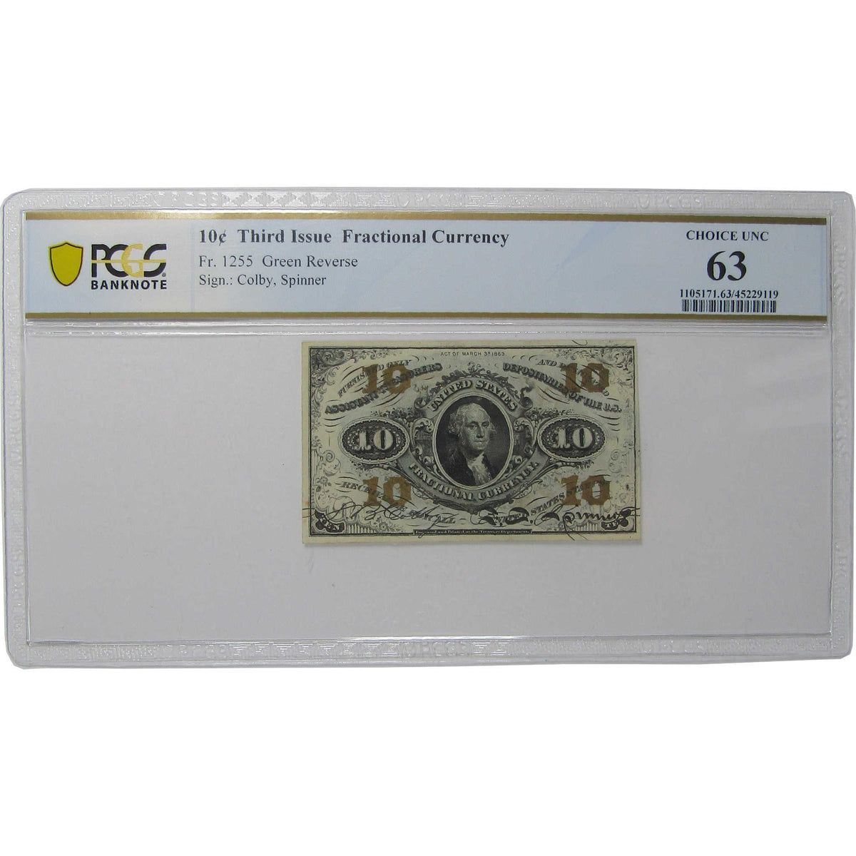10c Fractional Note Third Issue Fr 1255 Choice Uncirculated 63 PCGS