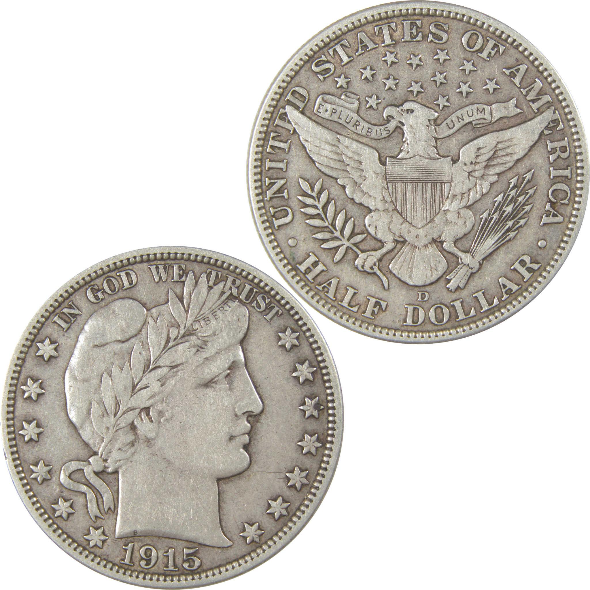 1915 D Barber Silver Half Dollar VF Very Fine 50c Coin SKU:I24220