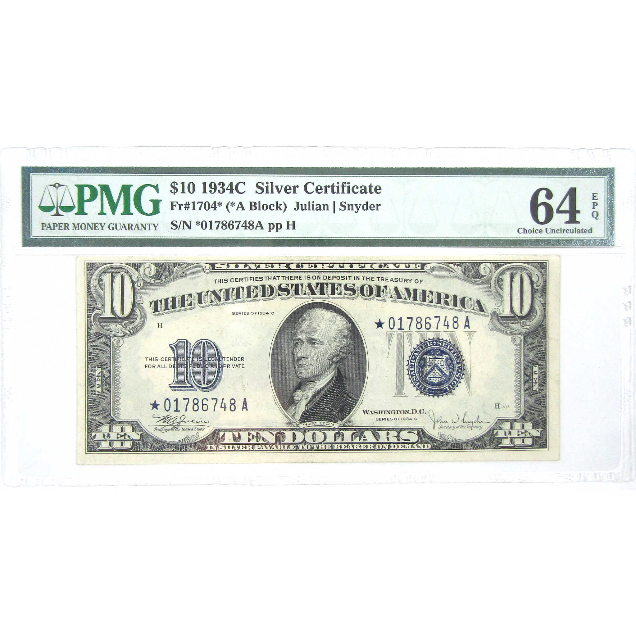 1934 $10 Small Size Silver Certificate FR1704* 64 EPQ PMG Star Note