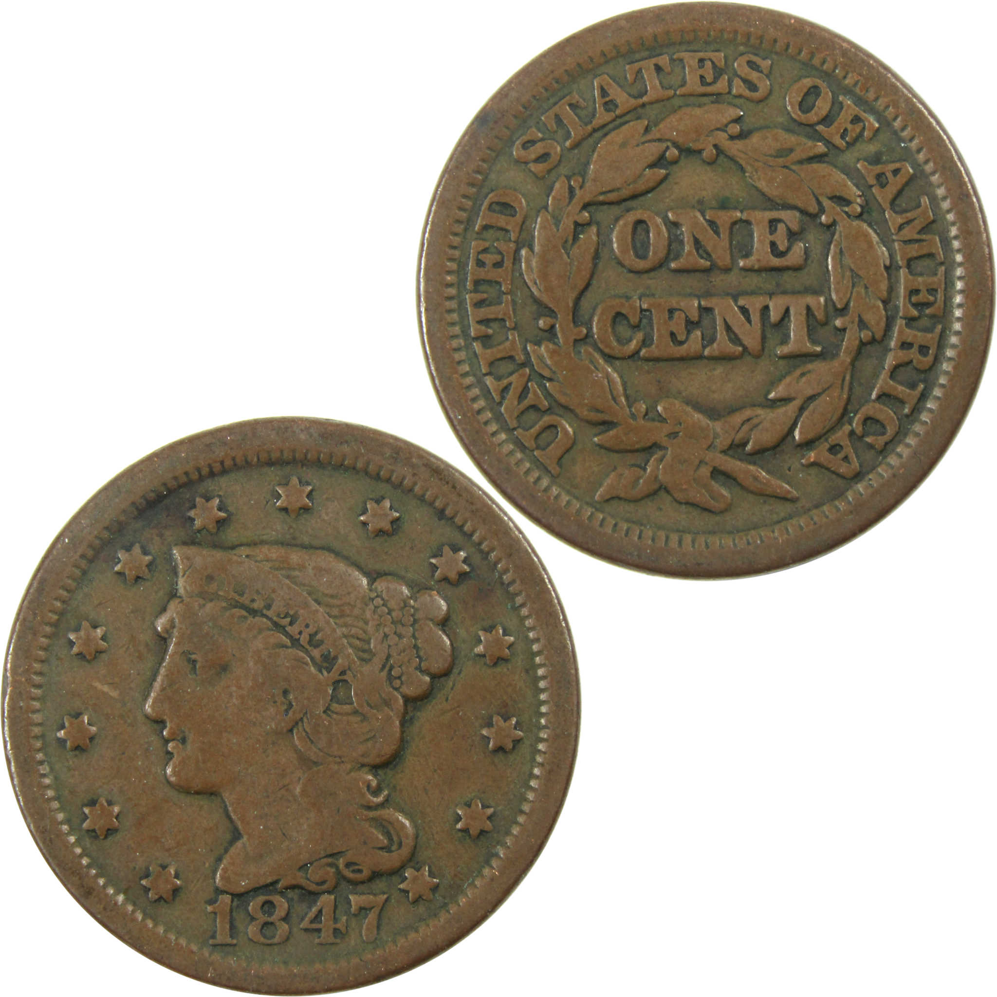1847 Braided Hair Large Cent VF Very Fine Copper Penny SKU:I13289