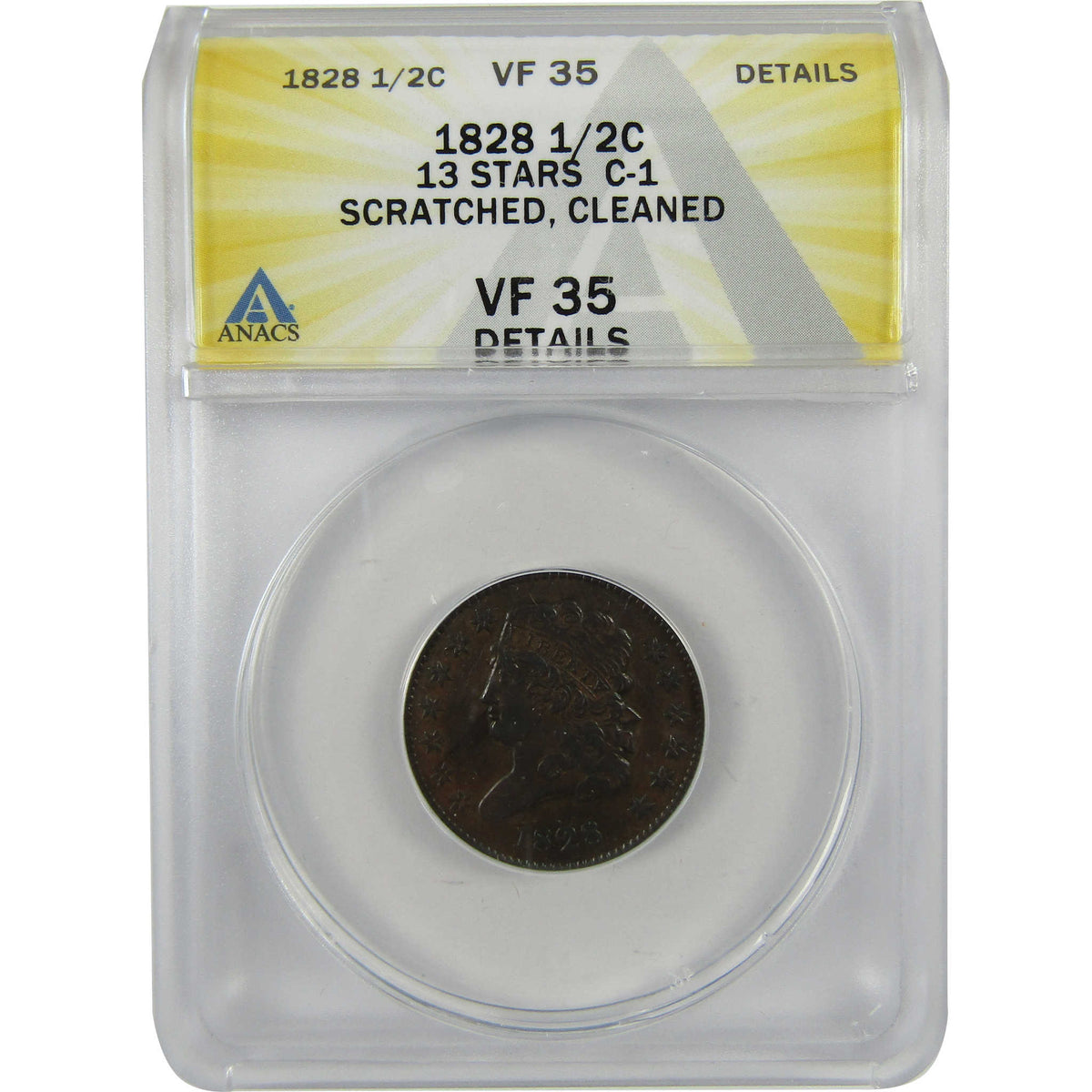 1828 13 Stars C-1 Classic Head 1/2c VF 35 Details ANACS SKU:I28585