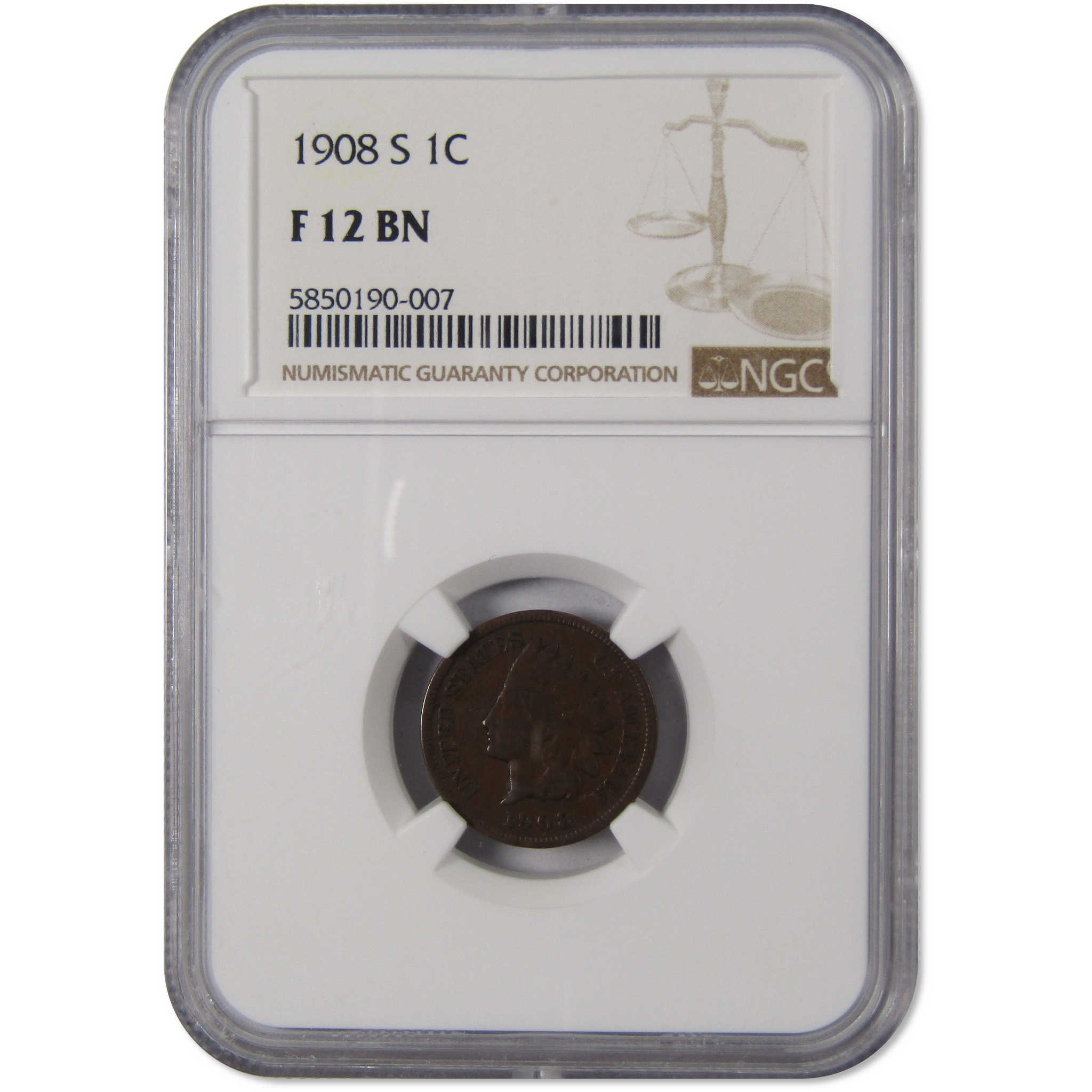 1908 S Indian Head Cent F 12 BN NGC Penny 1c Coin SKU:I9746