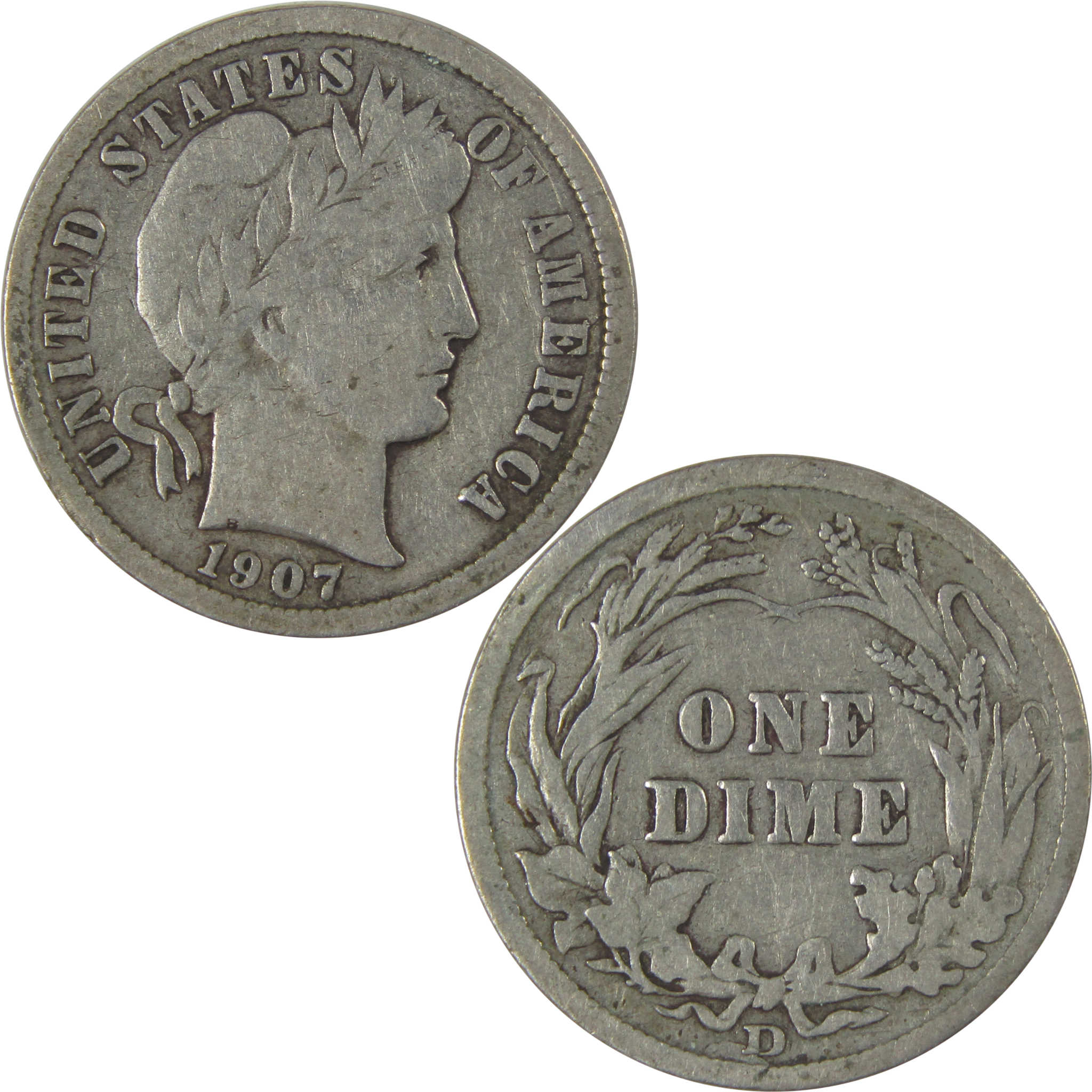 1907 D Barber Dime F Fine Silver 10c Coin SKU:I22753