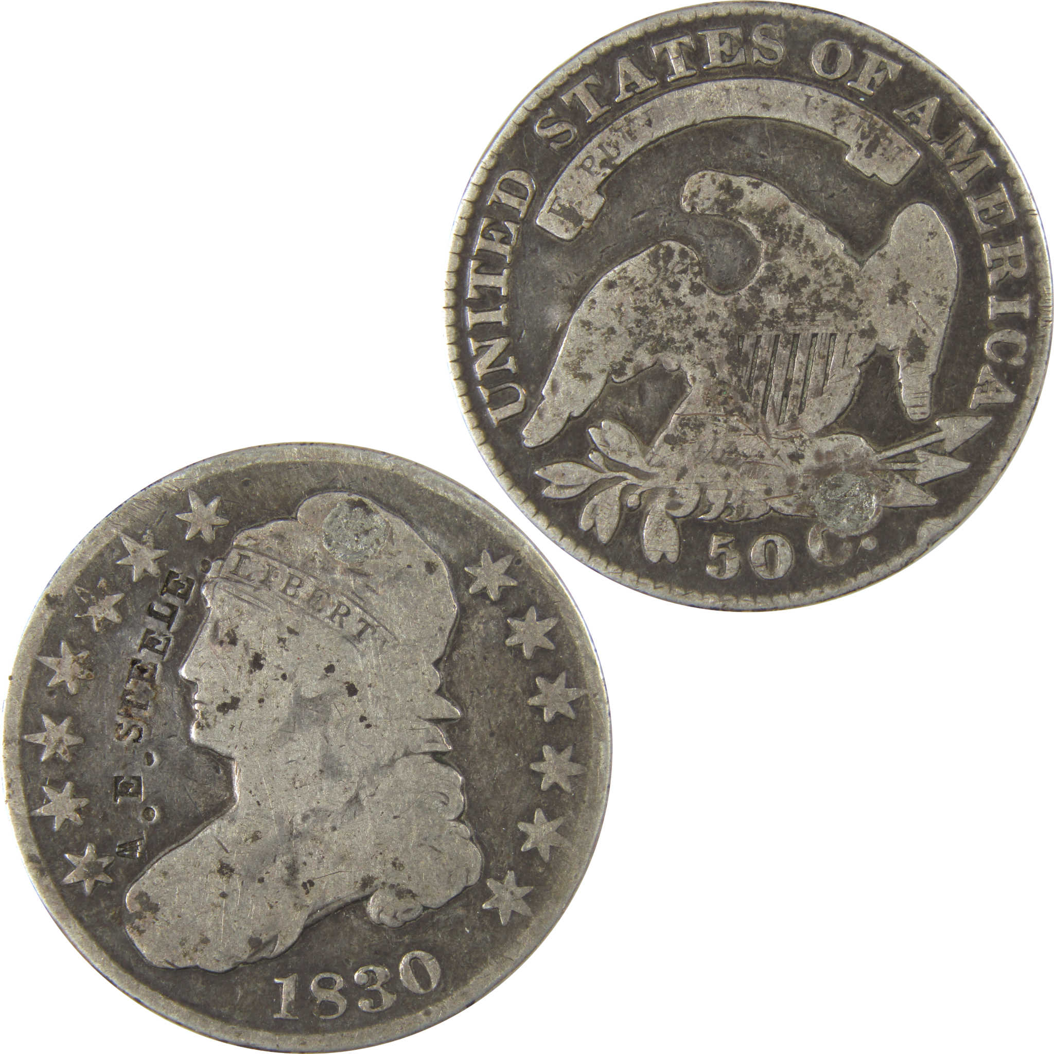 1830 Sm O Capped Bust 50C VG Silv Counterstamp A.E.STEELE. SKU:I22757