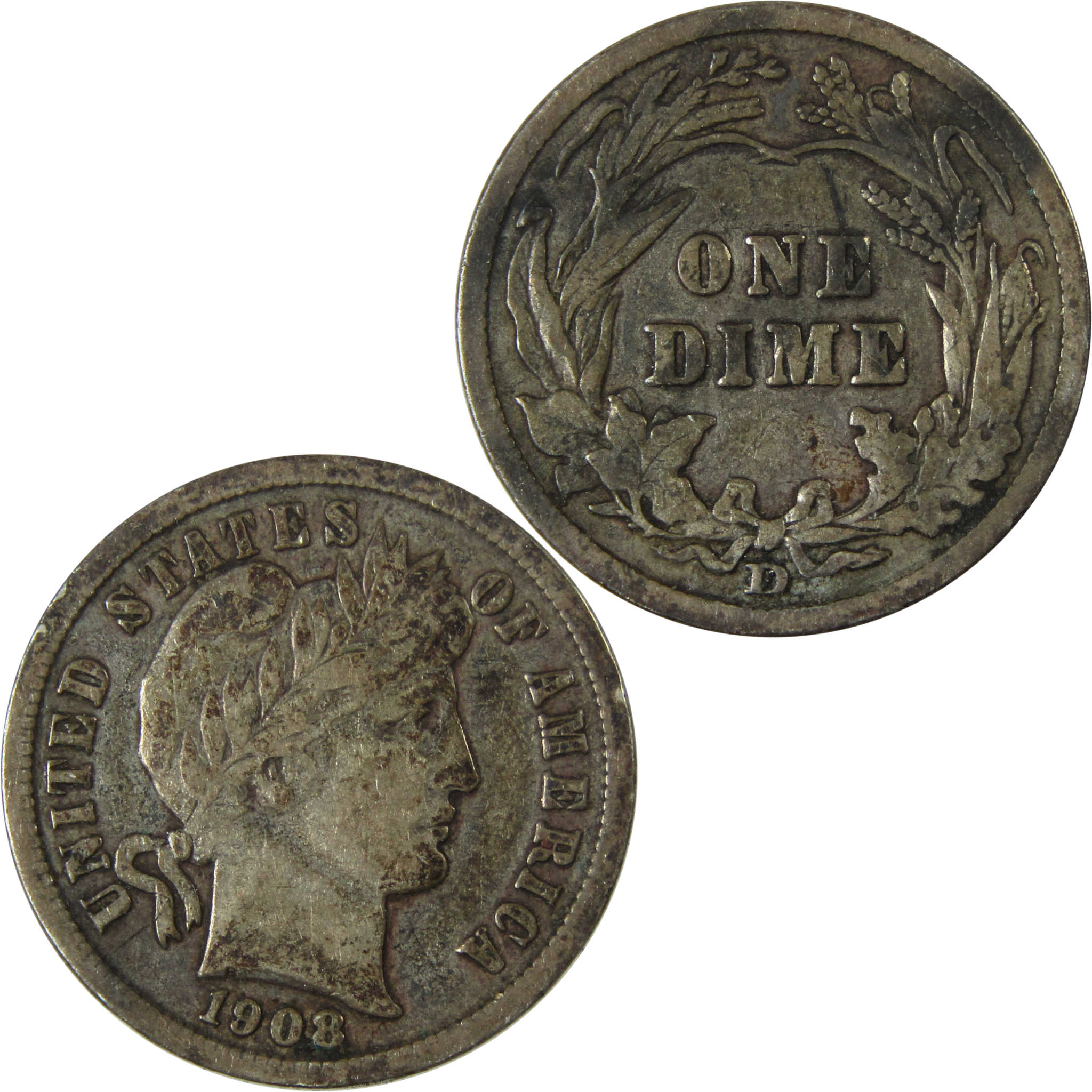 1908 D Barber Silver Dime F Fine 10c Coin Collectible SKU:CP997