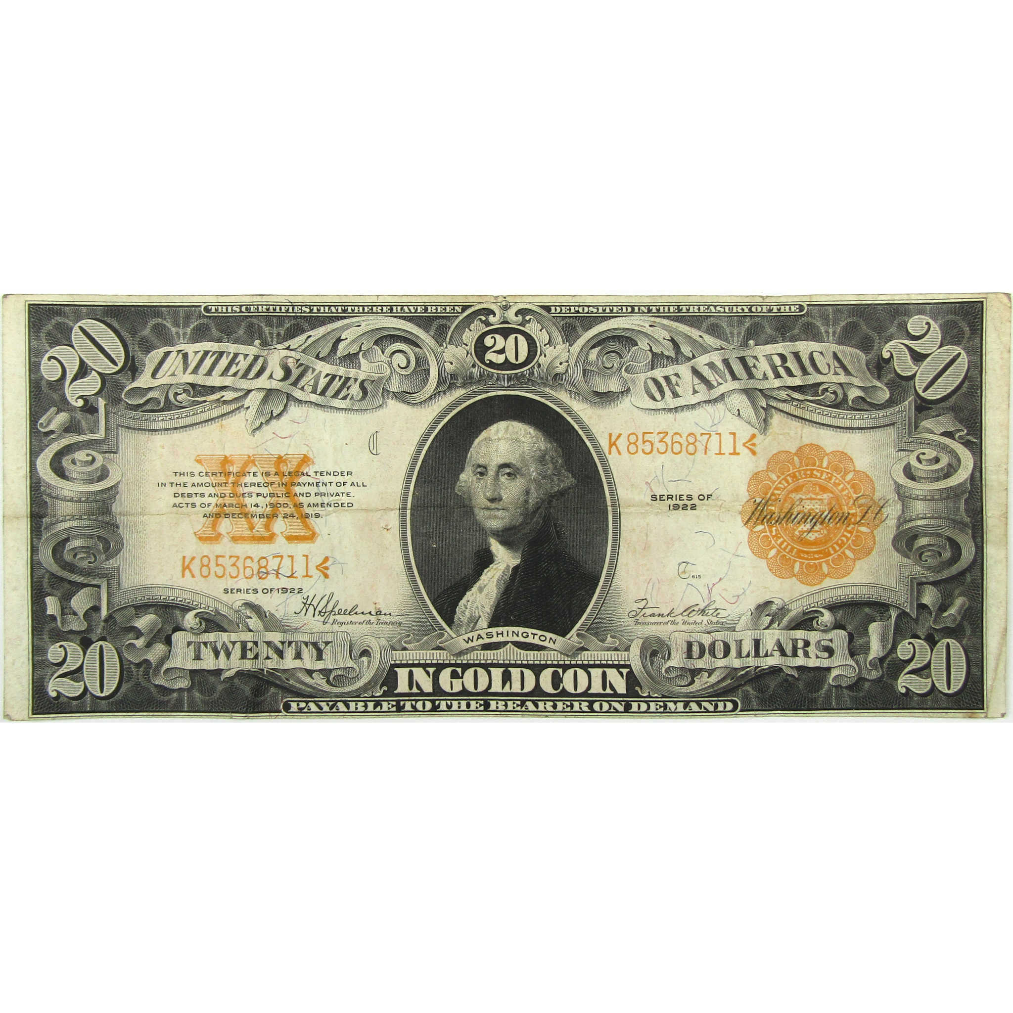 1922 $20 Large Size Gold Certificate Note F Fine Details SKU:CP1490