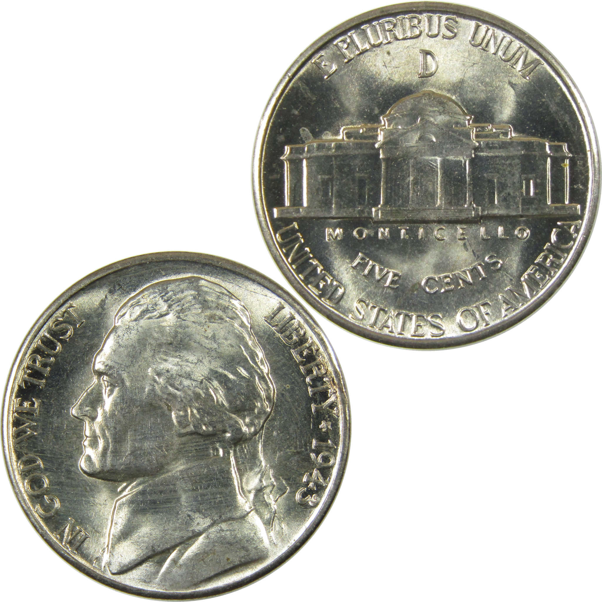 1943 D Jefferson Wartime Silver Nickel Uncirculated Mint State 5c Coin