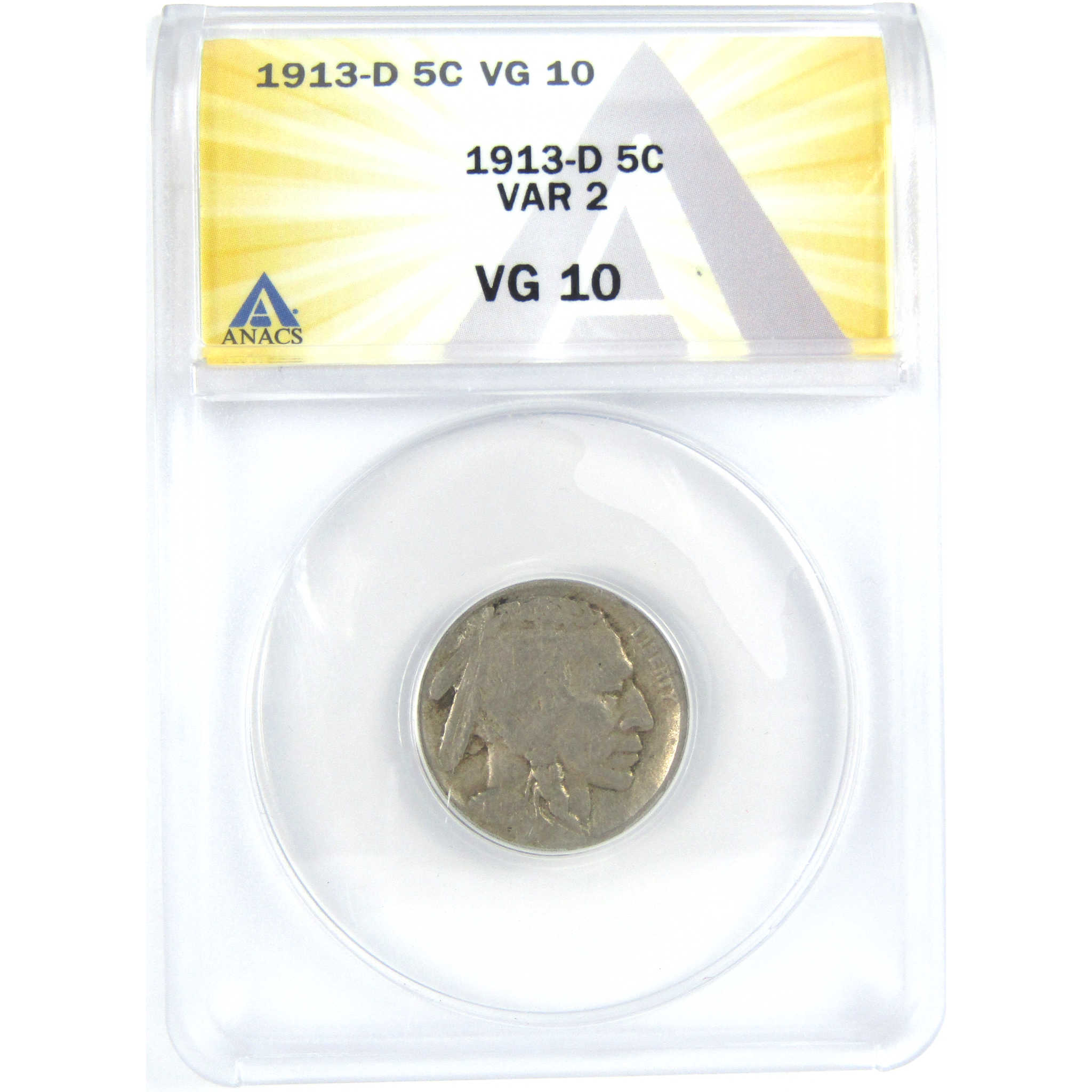 1913 D Type 2 Indian Head Buffalo Nickel VG 10 ANACS 5c SKU:I16281