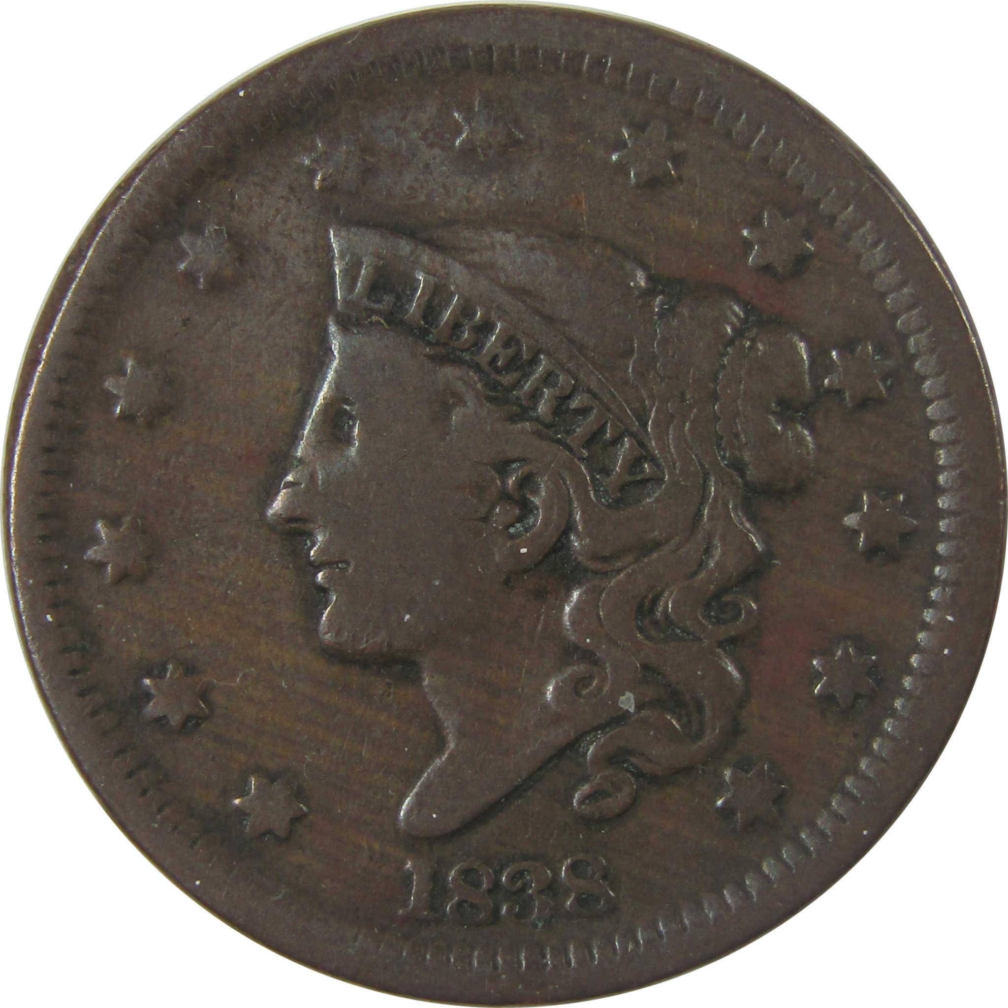 1838 Coronet Head Copper Large Cent VG Penny 1c Coin SKU:I25309