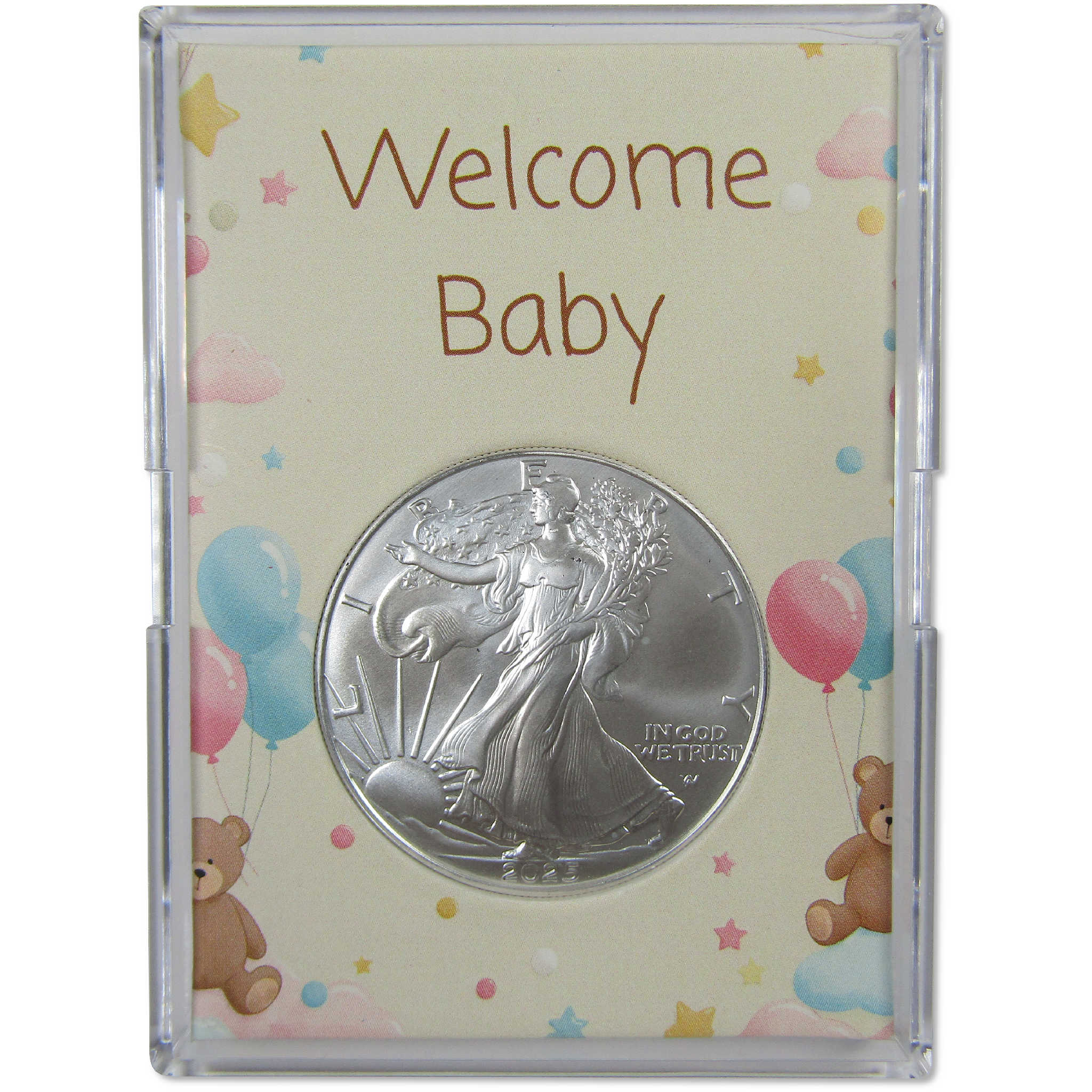 2025 American Silver Eagle Uncirculated Coin with Welcome Baby Holder