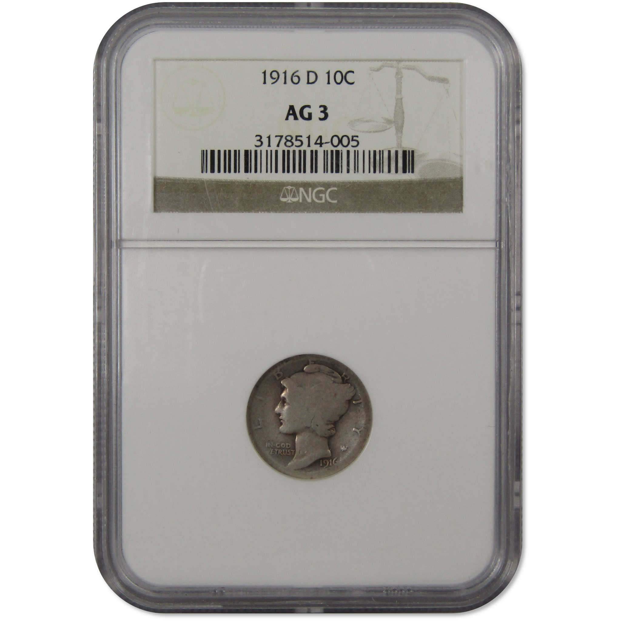 1916 D Mercury Dime AG 3 NGC 90% Silver 10c Coin SKU:I10160