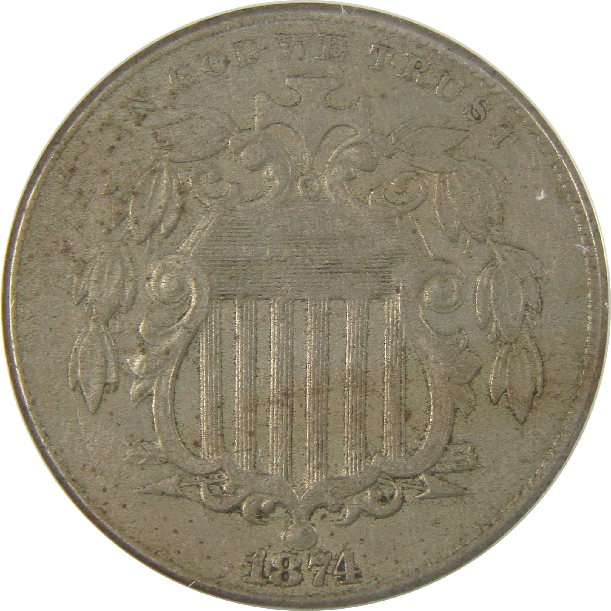 1874 Shield Nickel EF 40 ANACS 5c Coin SKU:I20178