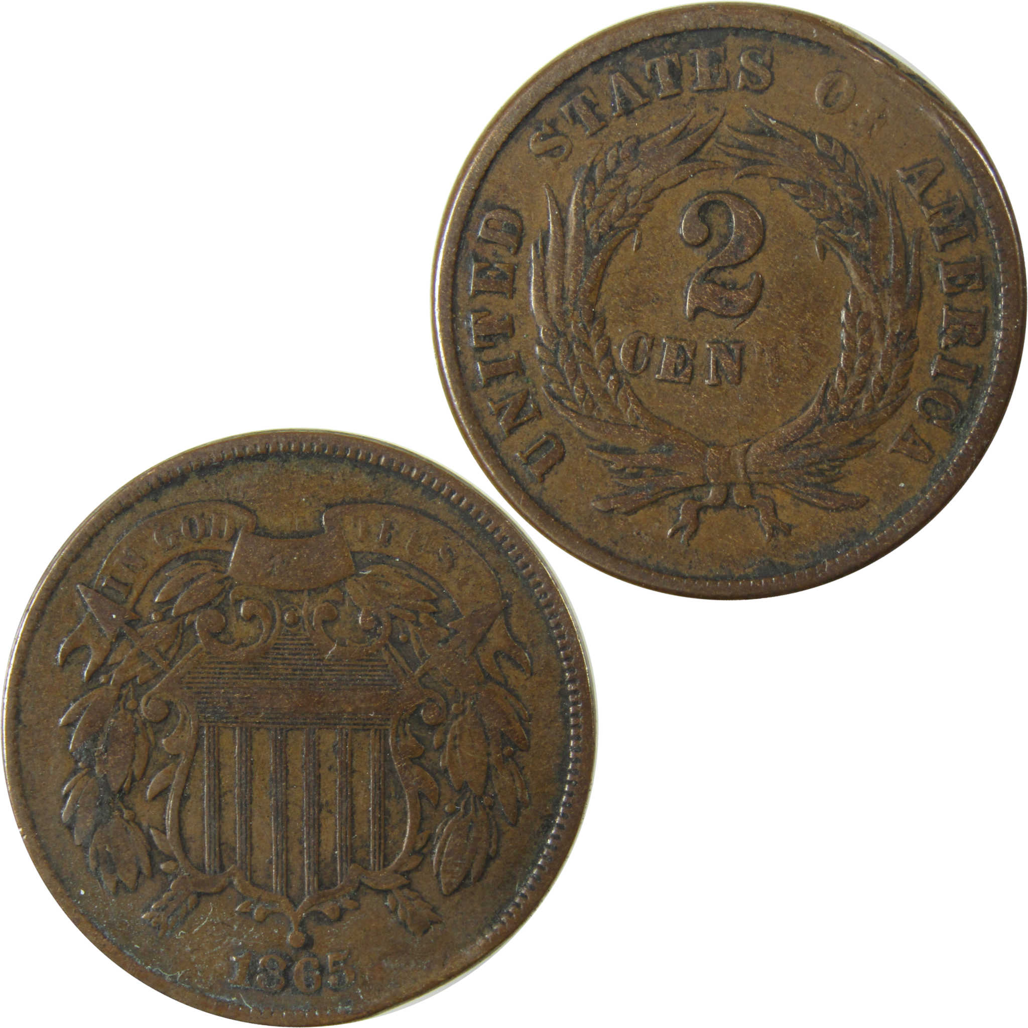 1865 Two Cent Piece F Fine 2c Coin Planchet Flaw SKU:I28243