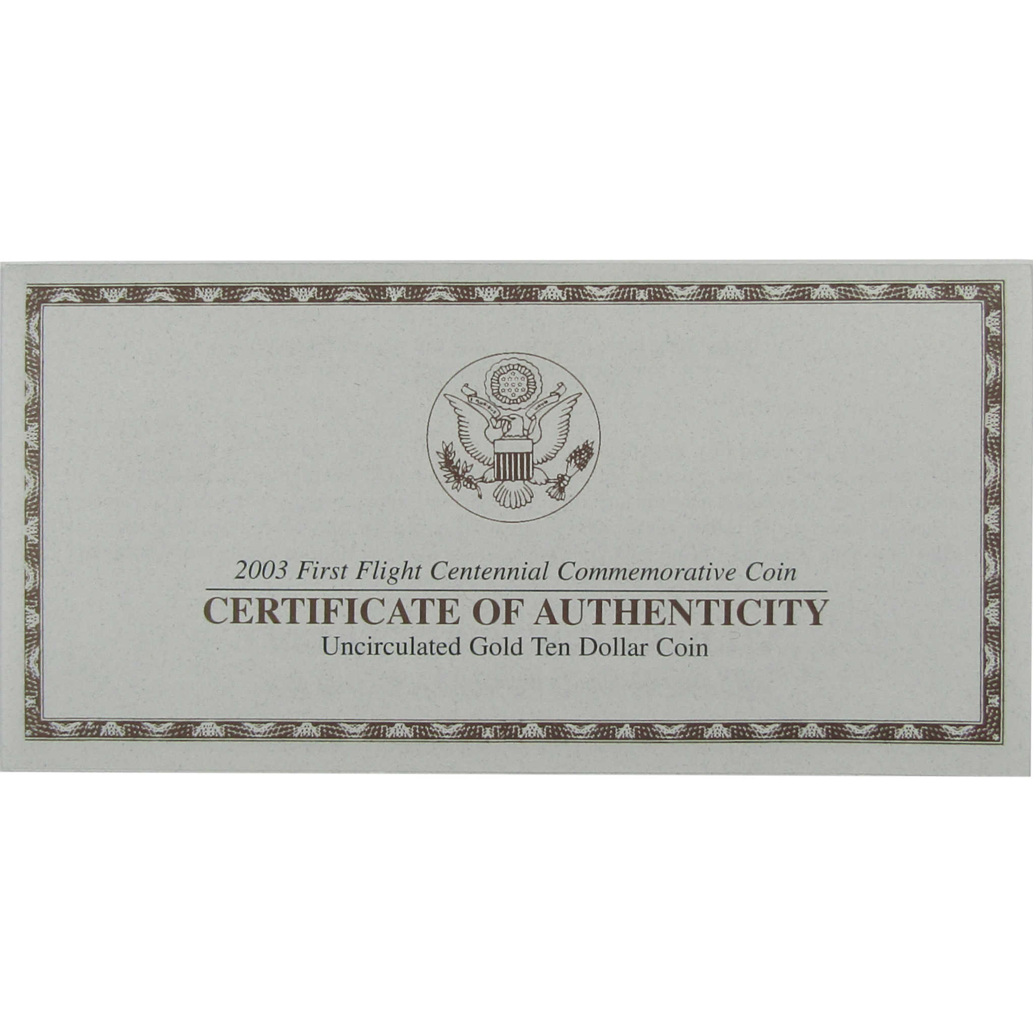 2003 W First Flight Commemorative Gold $10 Uncirculated OGP COA