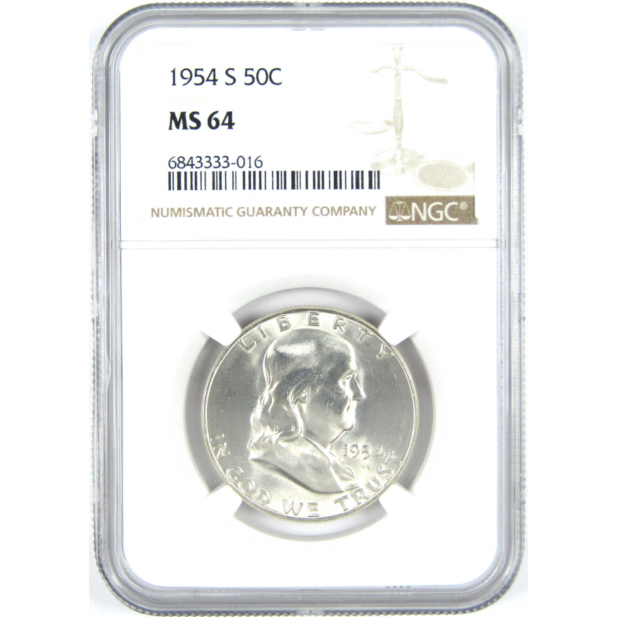 1954 S Franklin Half Dollar MS 64 NGC Silver 50c Unc Coin SKU:I15228