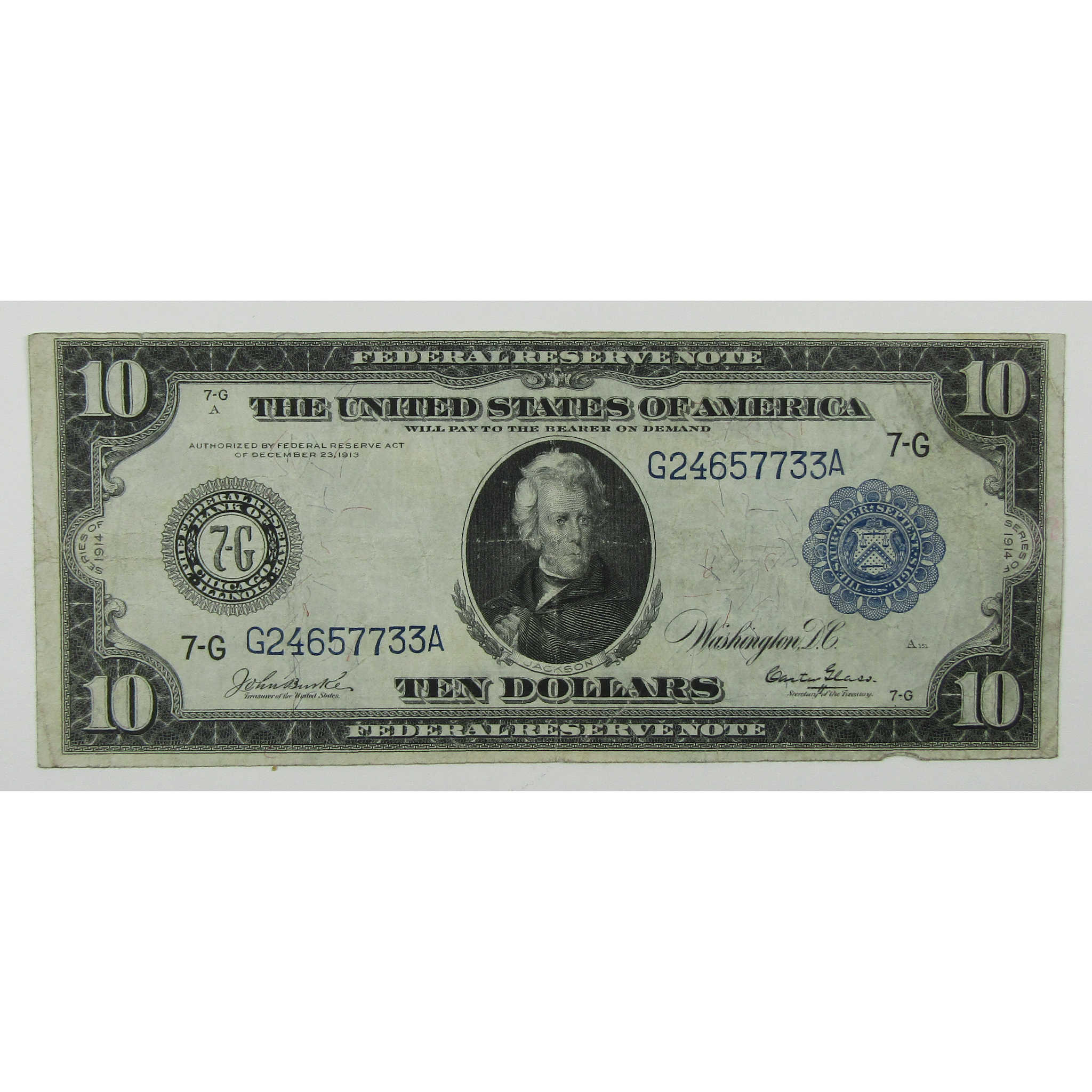 1914 $10 Federal Reserve Note Chicago IL F Fine Details SKU:I28458