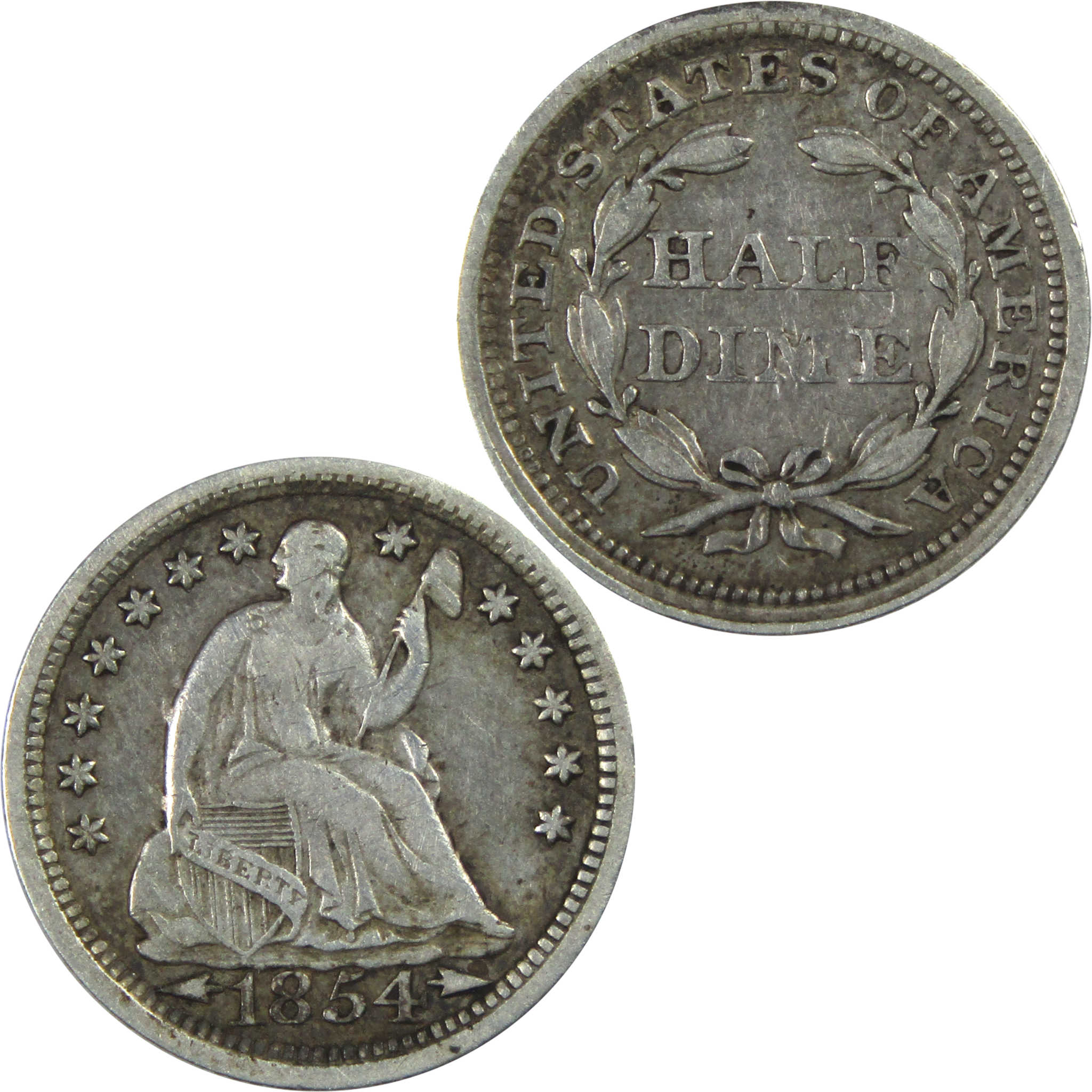 1854 Seated Liberty Half Dime VF Very Fine Silver 5c Coin SKU:CPC6850