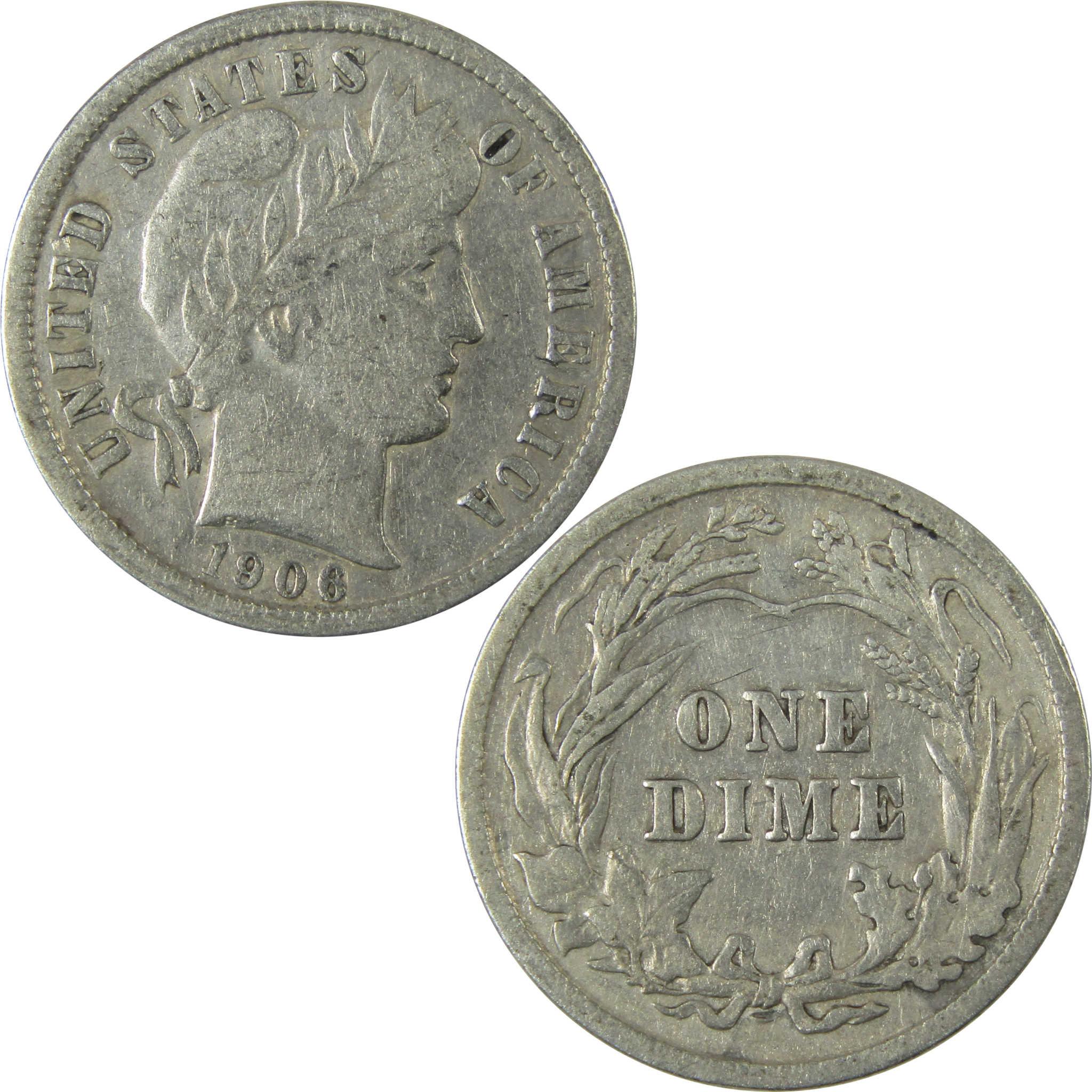 1906 Barber Silver Dime F Fine Details 10c Coin Collectible SKU:CP973